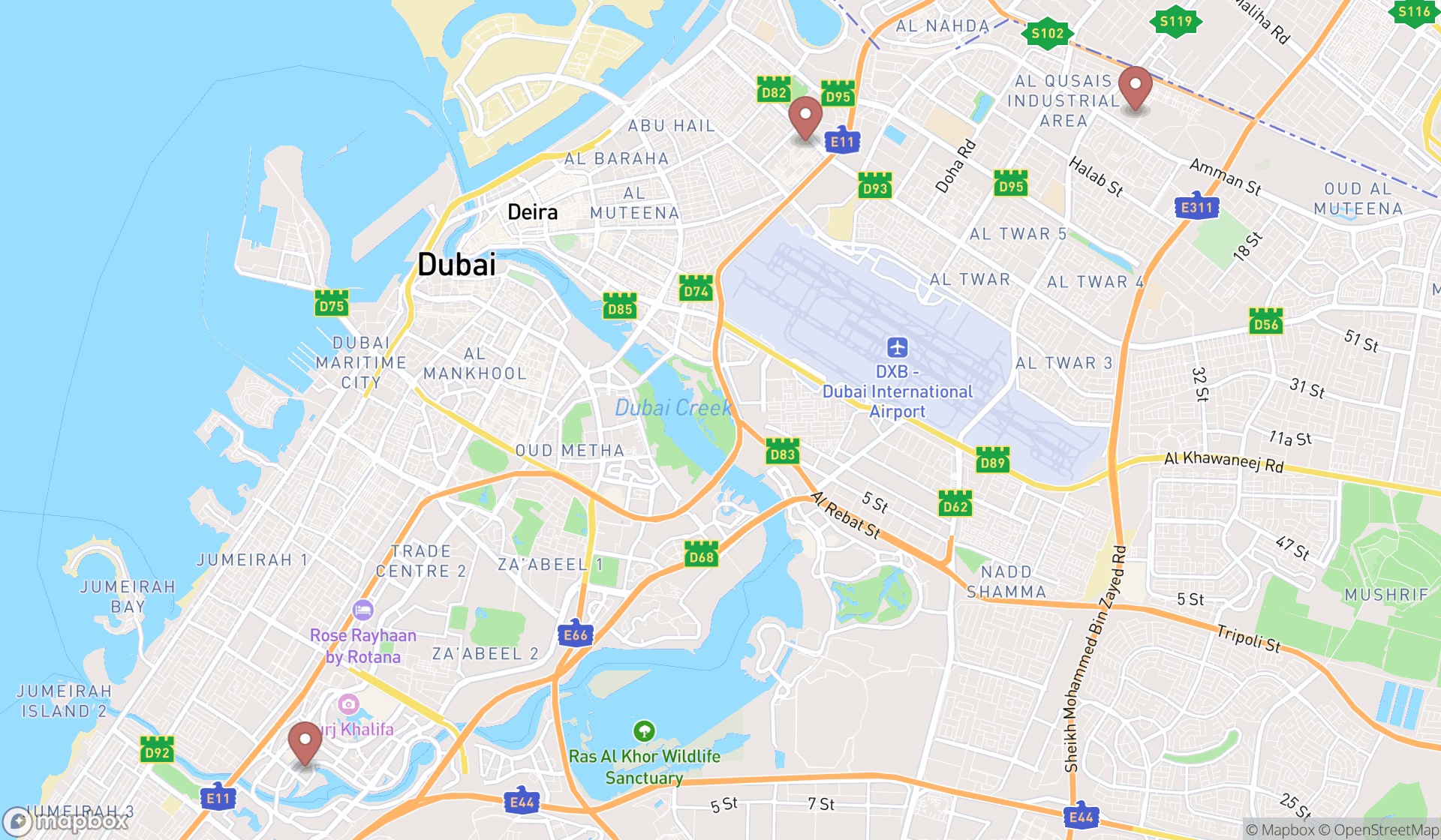 Map showing the search results in Dubai