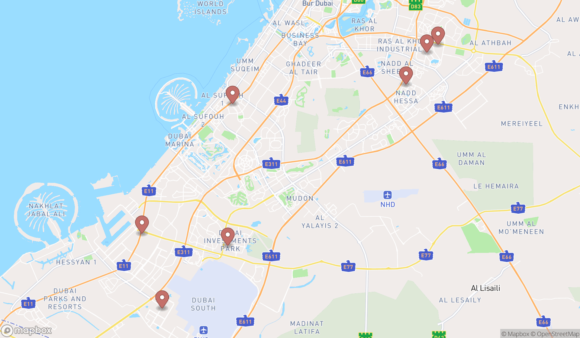 Map showing the search results in Dubai