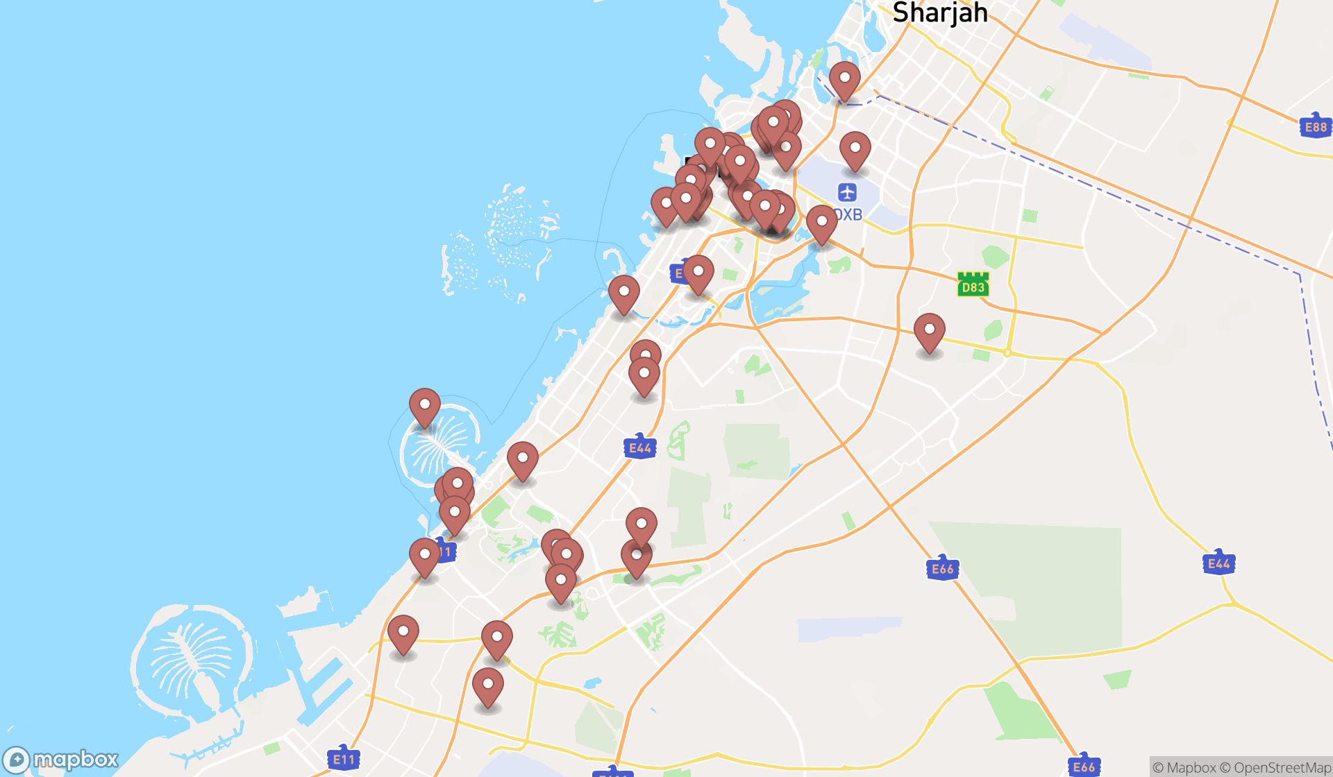 Map showing the search results in Dubai
