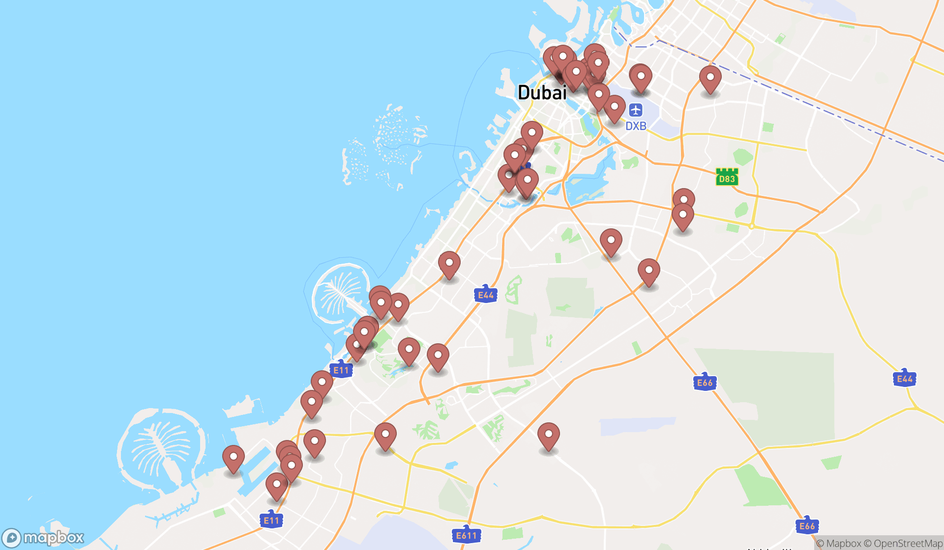 Map showing the search results in Dubai