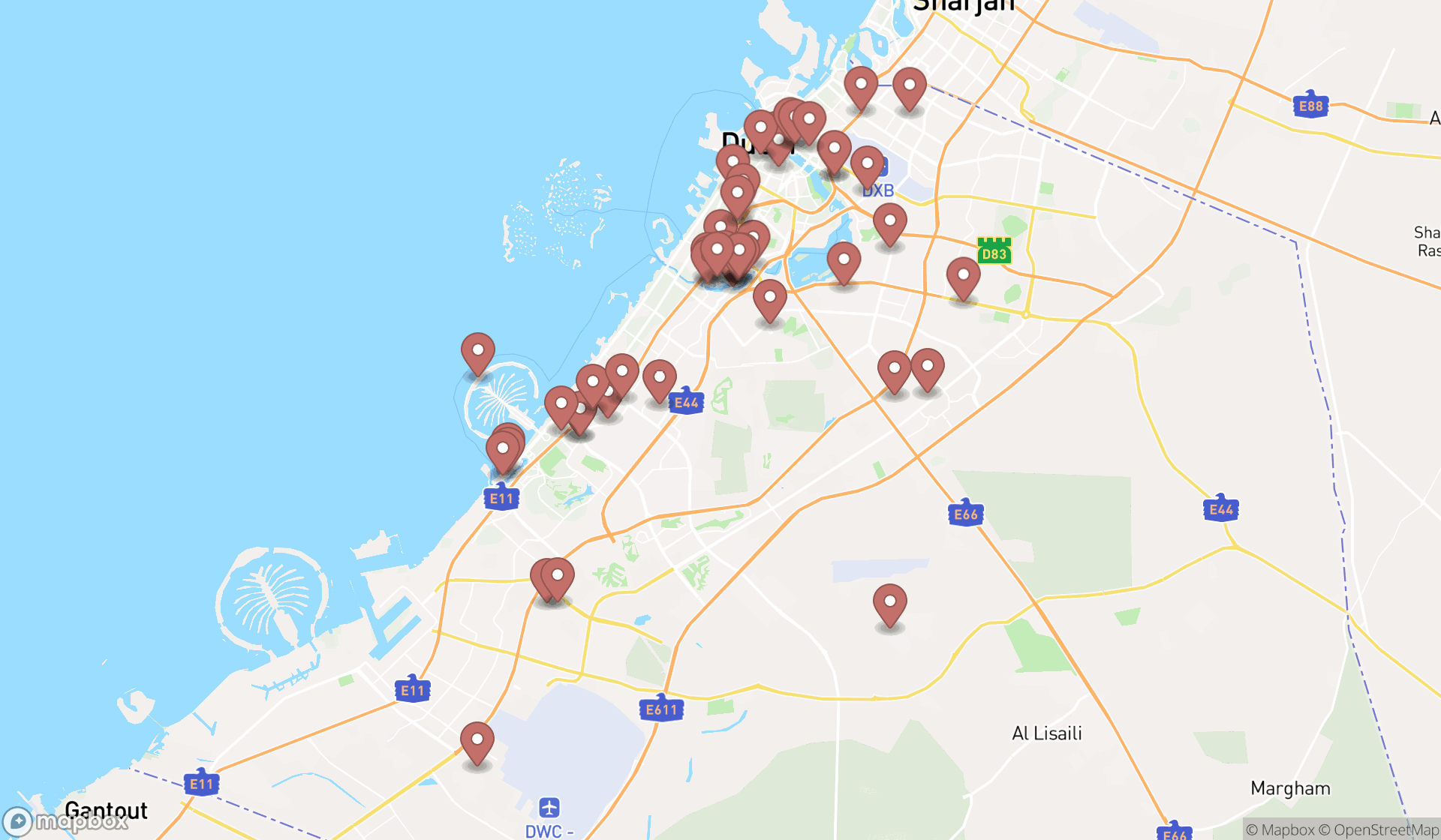 Map showing the search results in Dubai