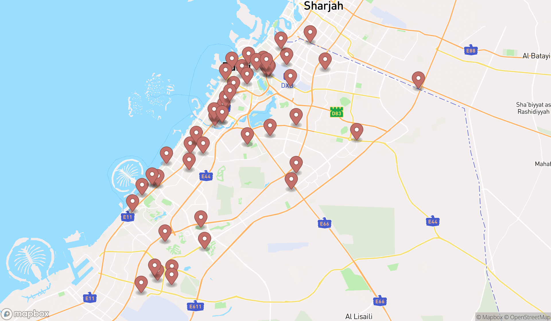 Map showing the search results in Dubai