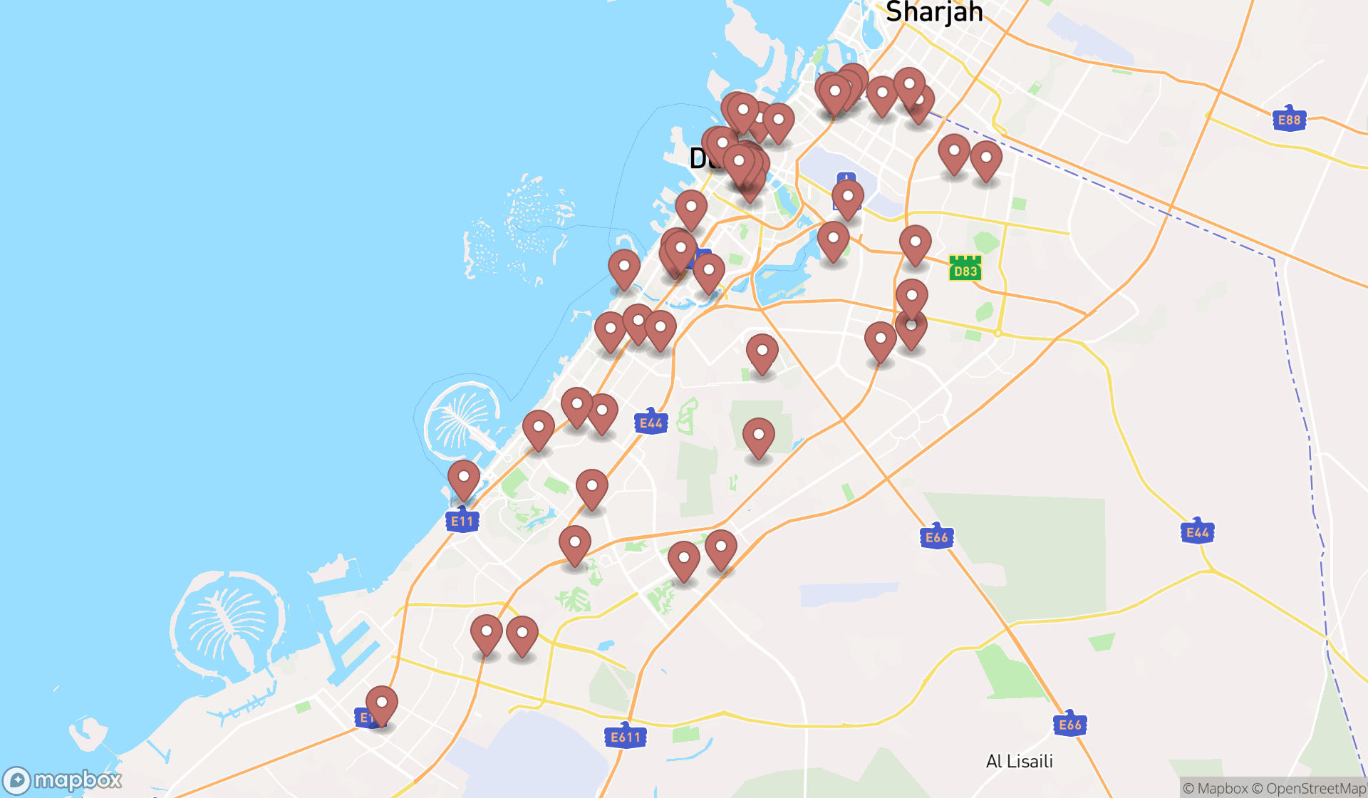 Map showing the search results in Dubai