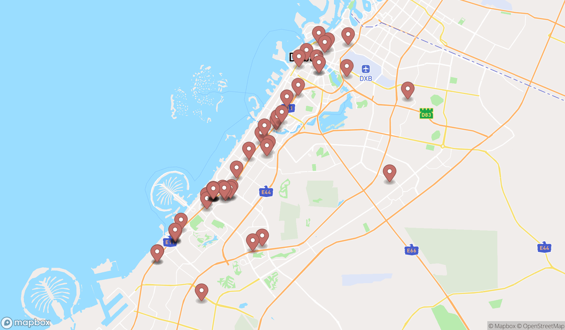 Map showing the search results in Dubai