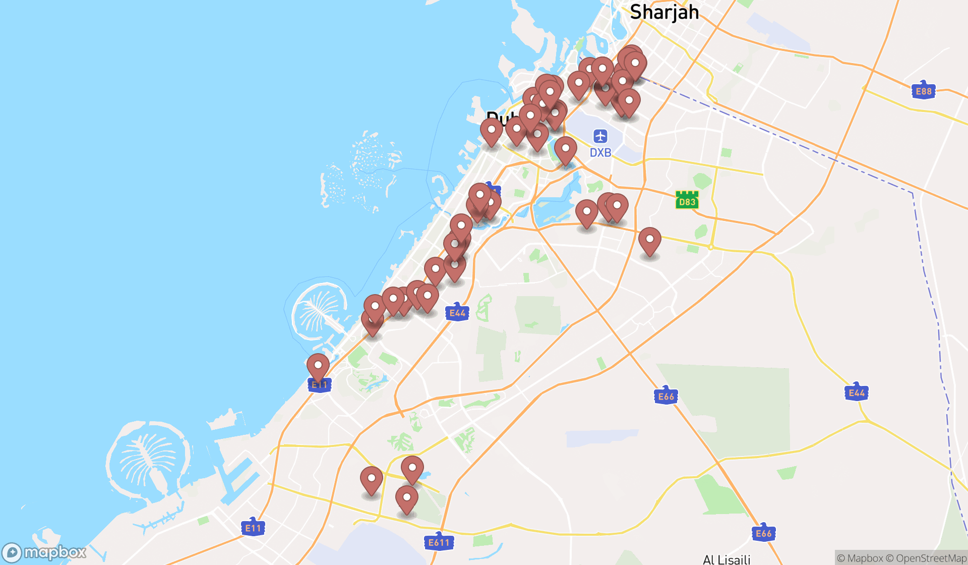 Map showing the search results in Dubai