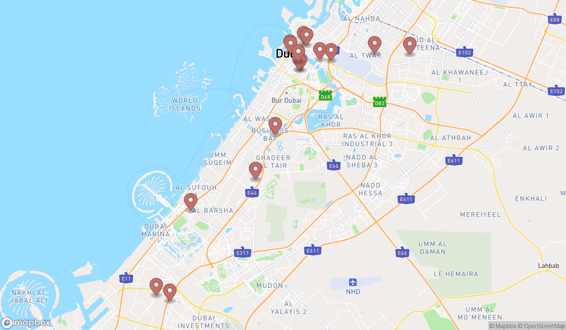 Map showing the search results in Dubai