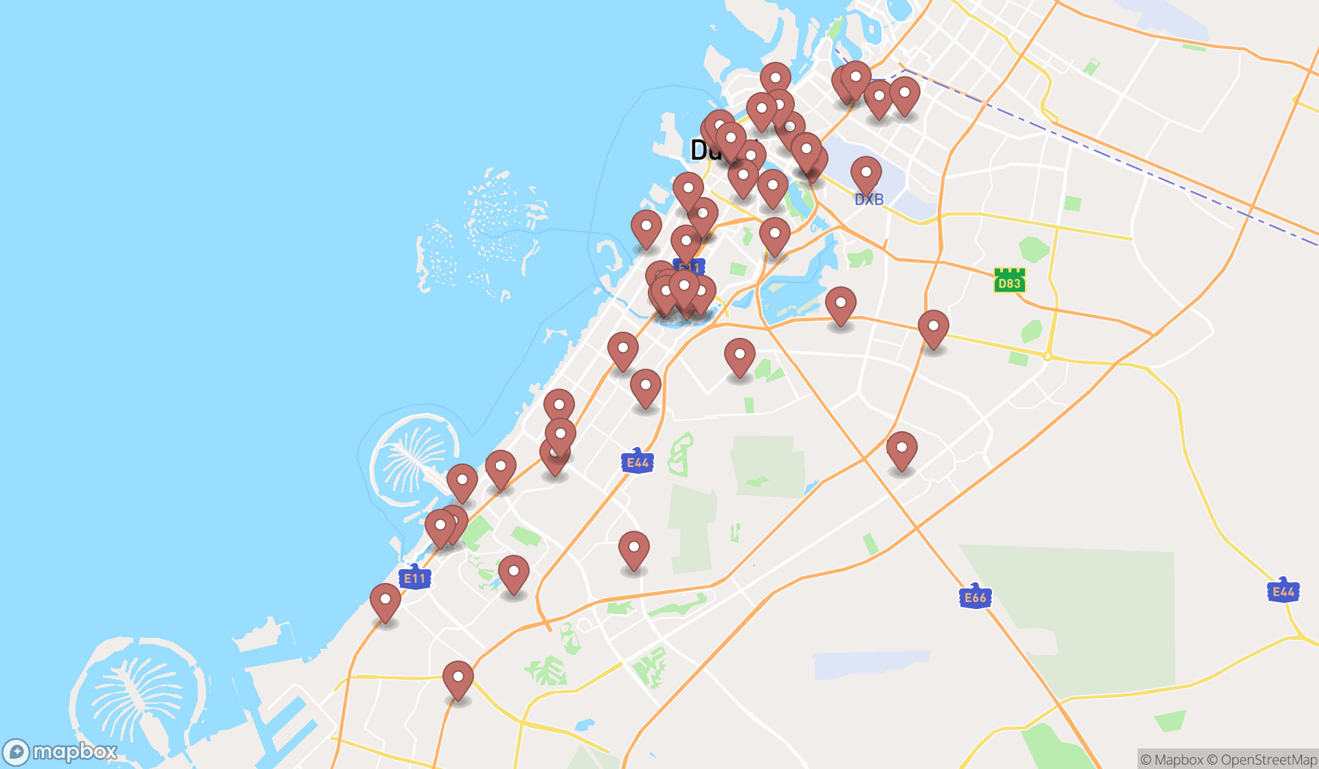 Map showing the search results in Dubai