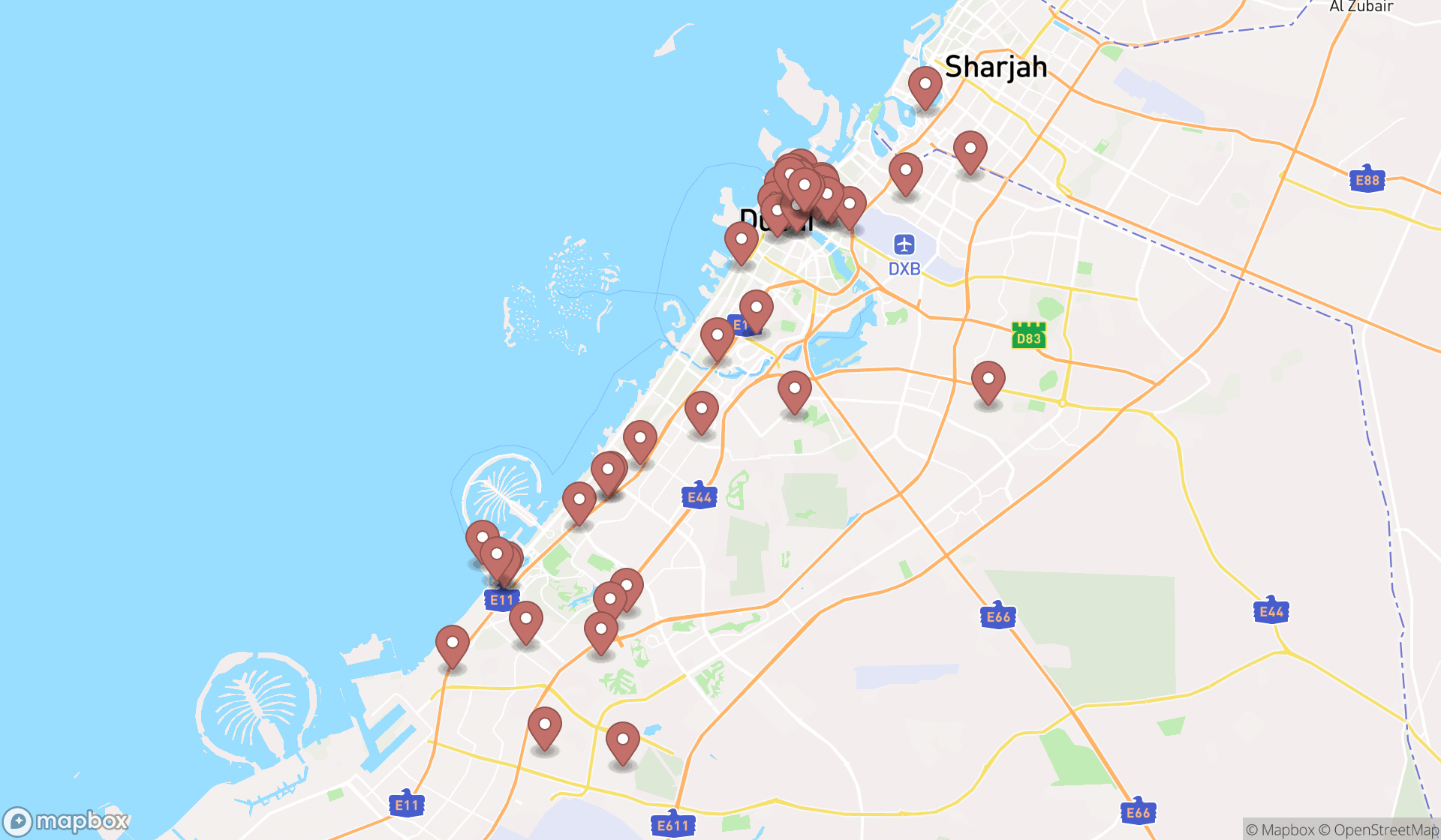 Map showing the search results in Dubai