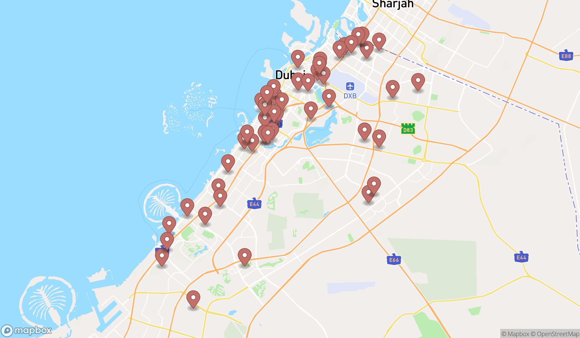 Map showing the search results in Dubai