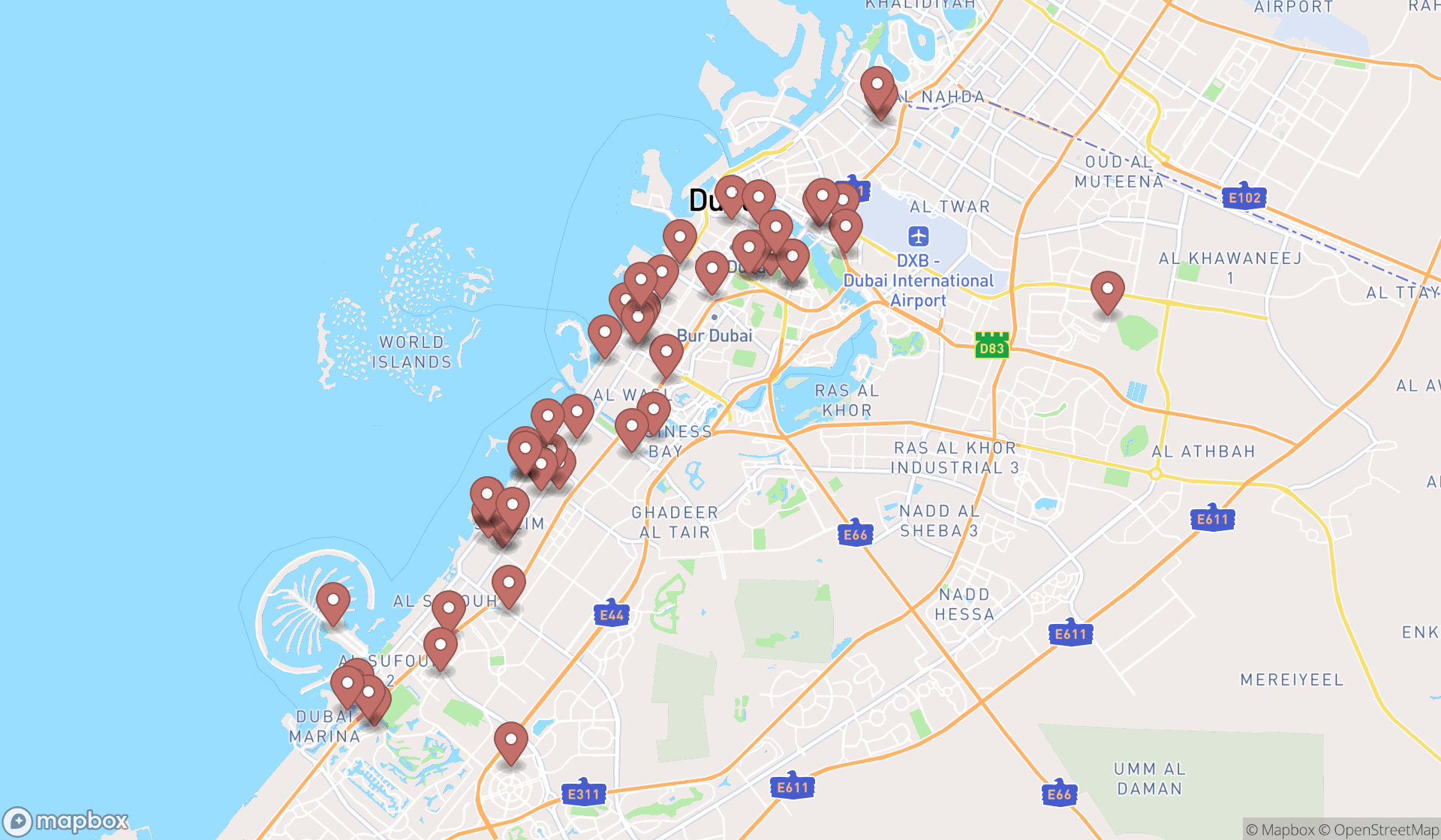 Map showing the search results in Dubai