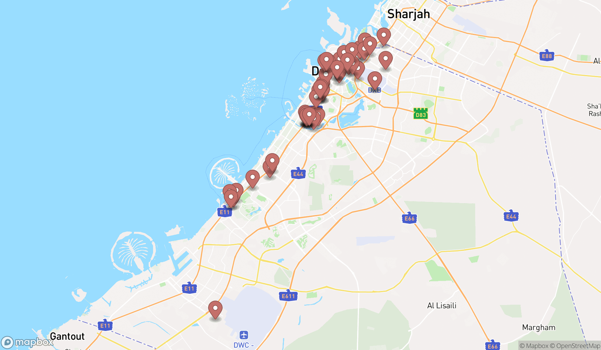 Map showing the search results in Dubai