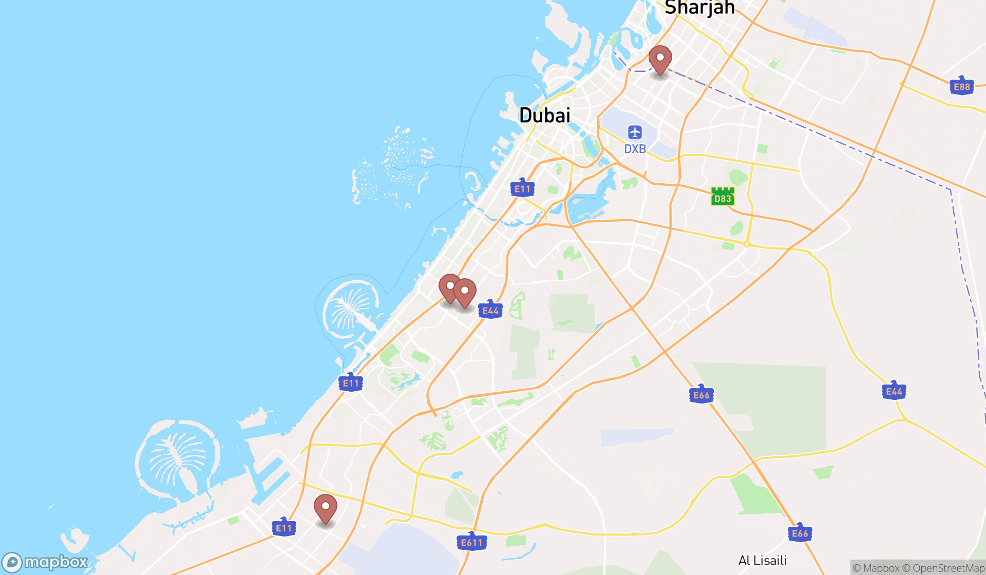 Map showing the search results in Dubai