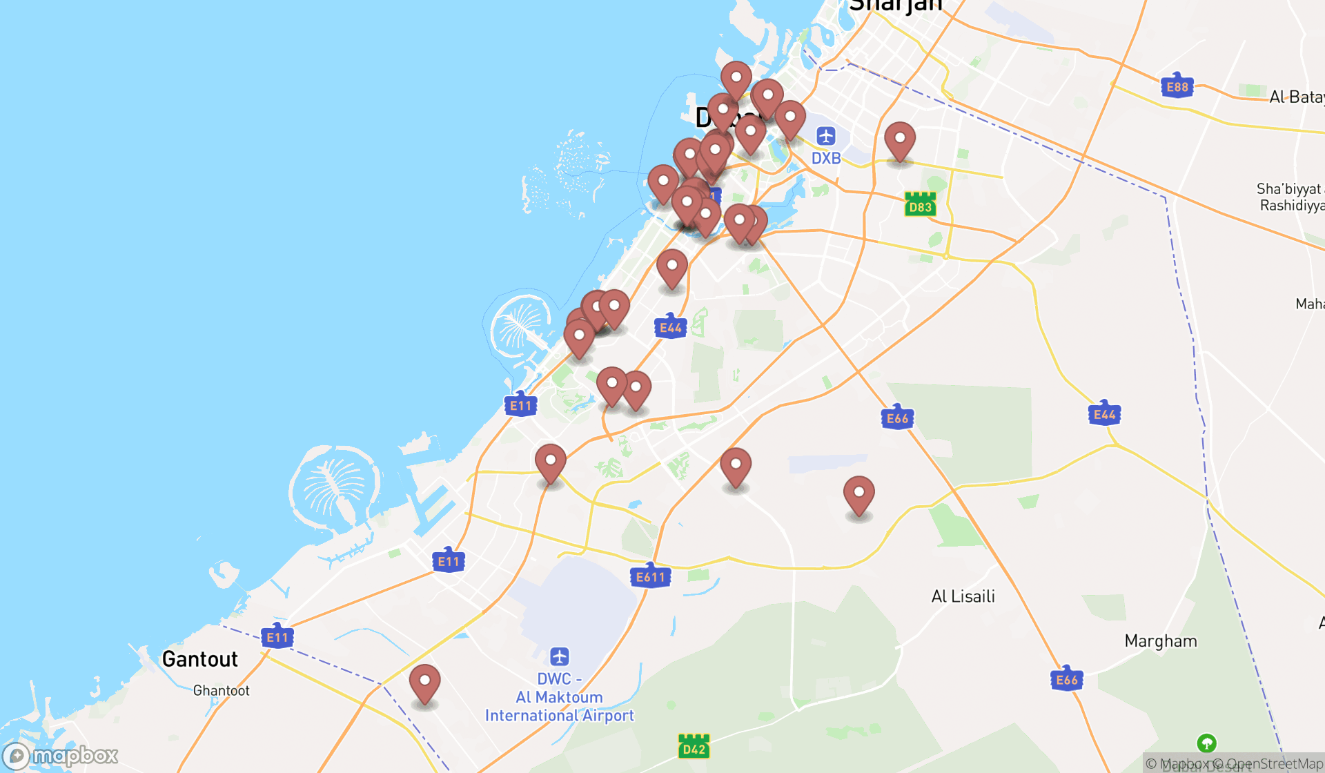 Map showing the search results in Dubai
