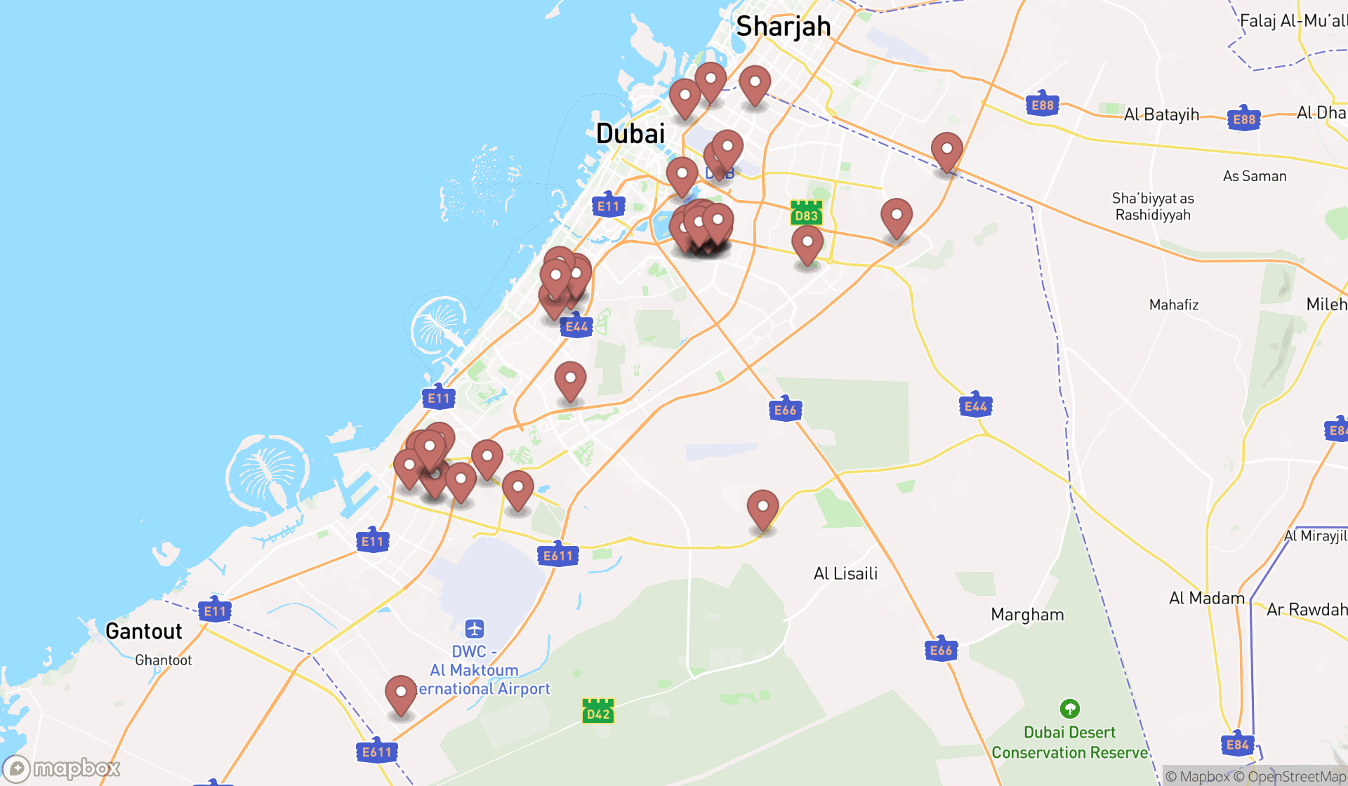 Map showing the search results in Dubai