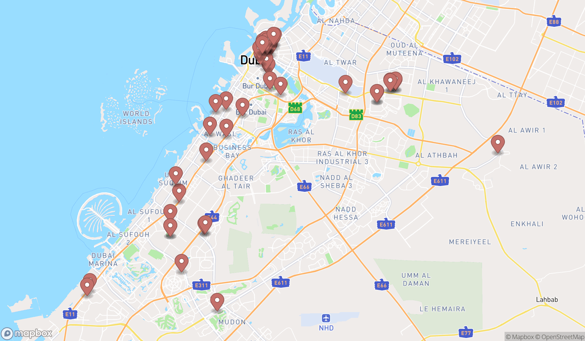 Map showing the search results in Dubai
