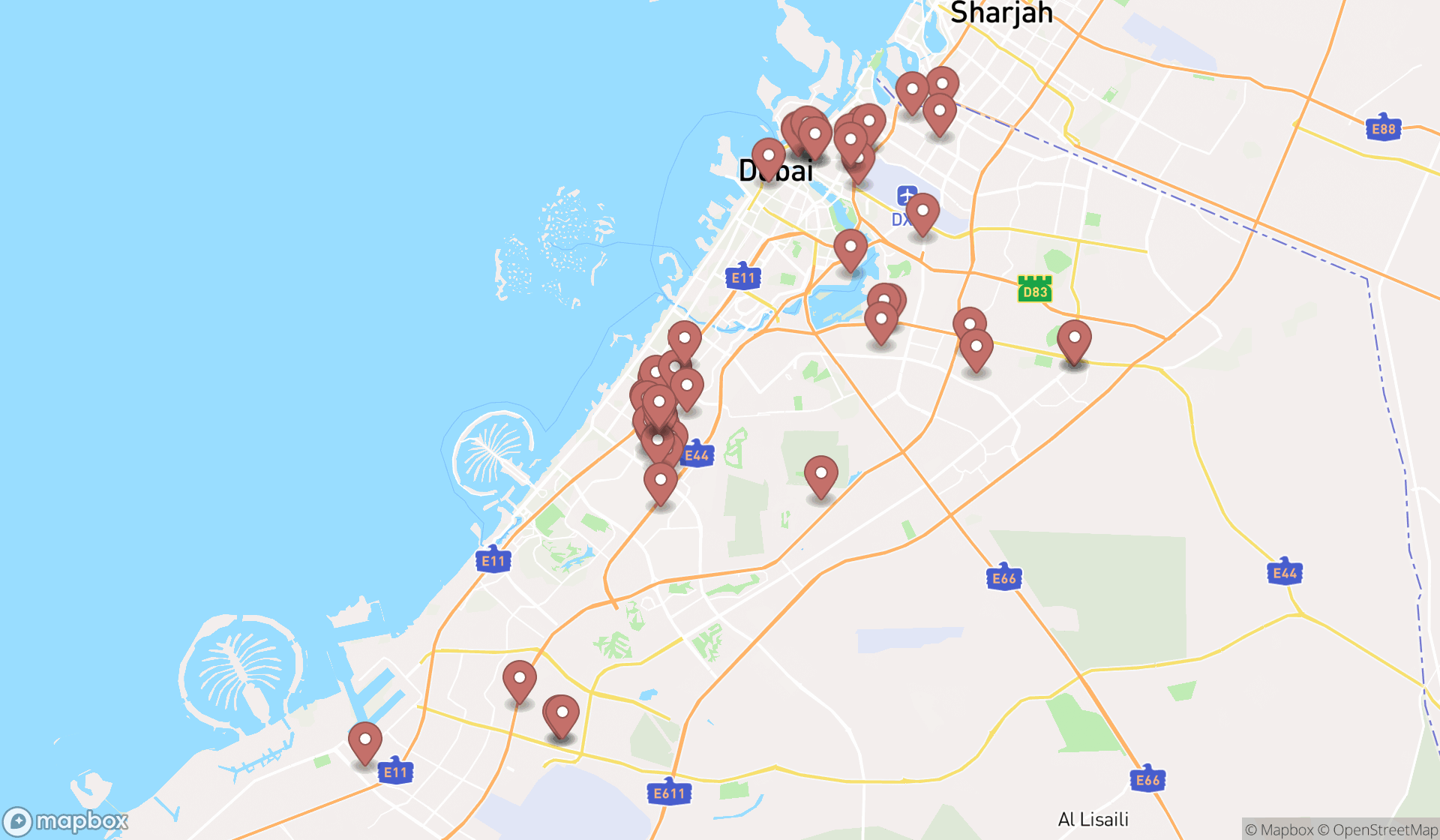 Map showing the search results in Dubai