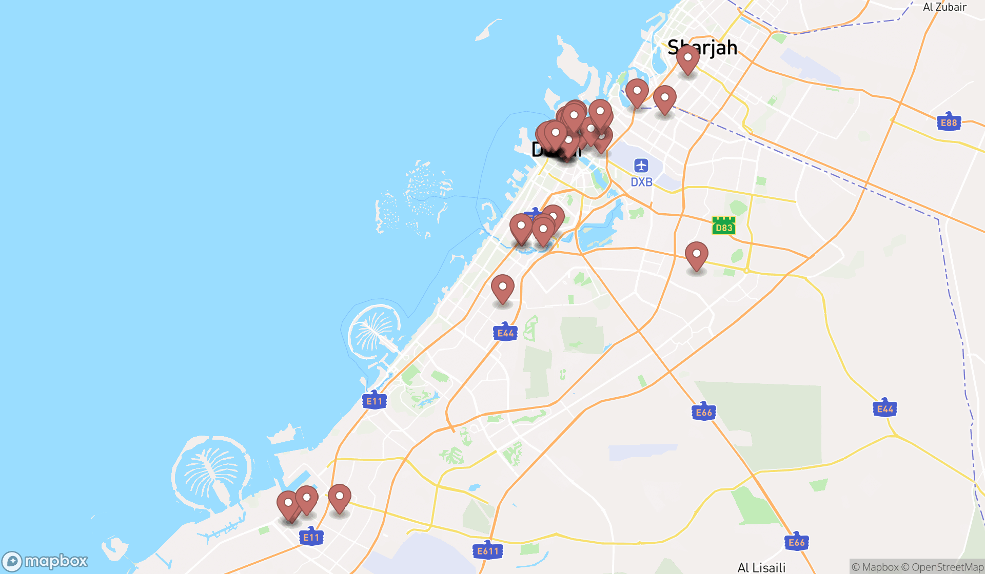 Map showing the search results in Dubai