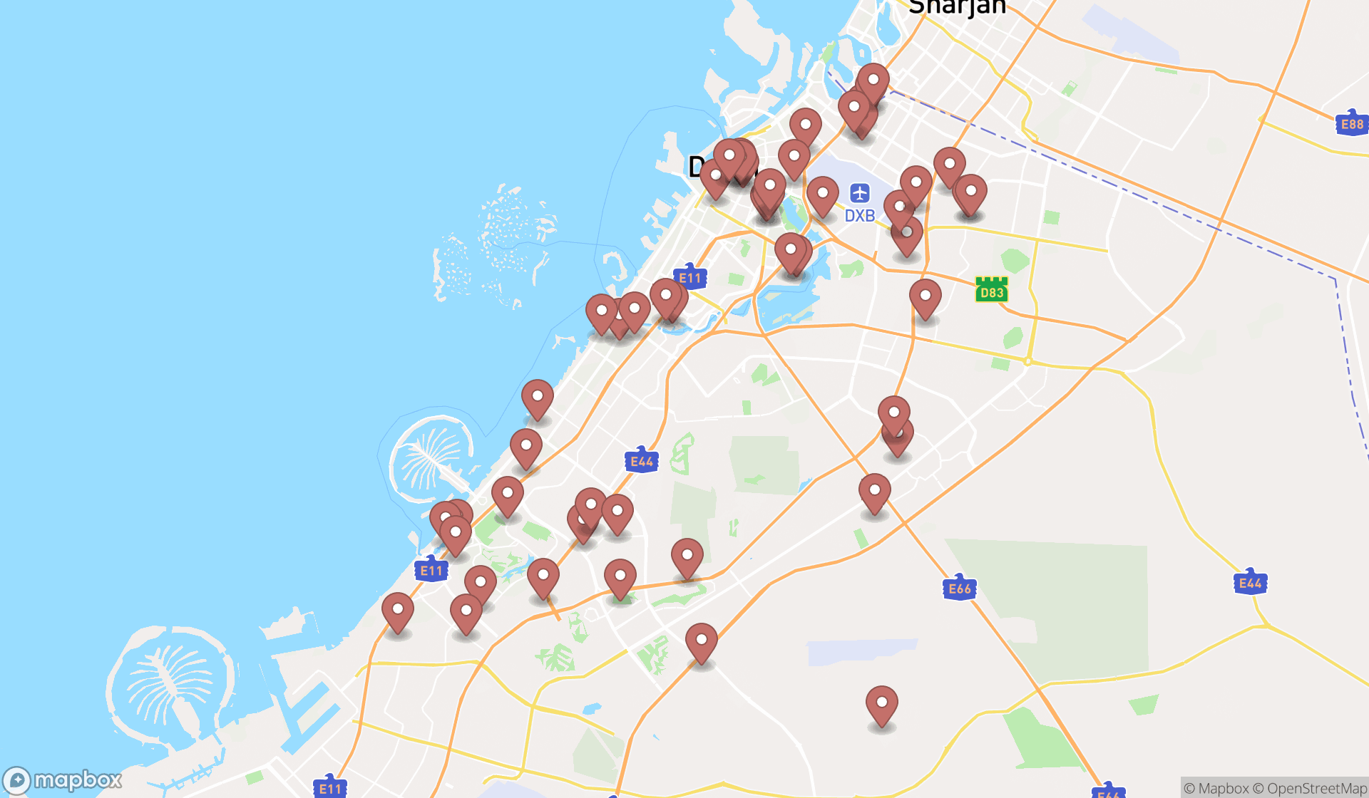 Map showing the search results in Dubai