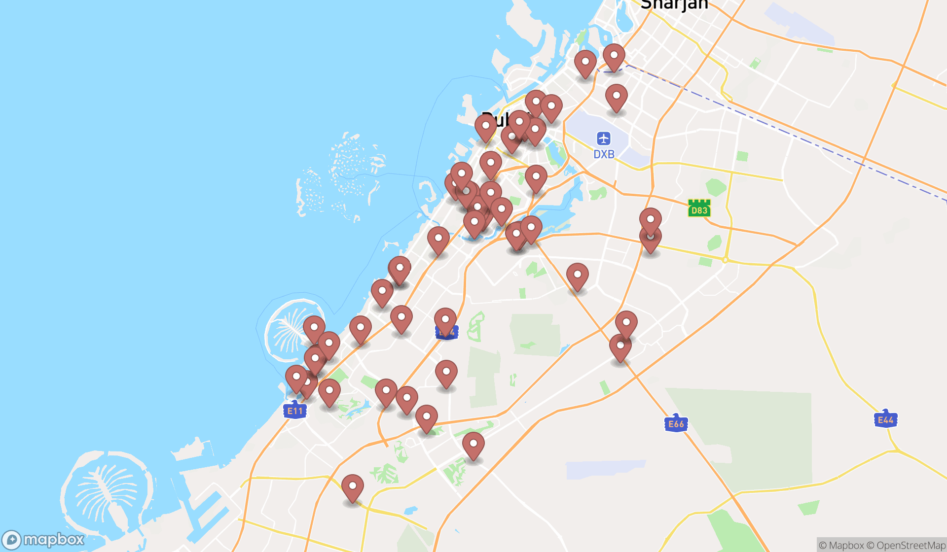 Map showing the search results in Dubai