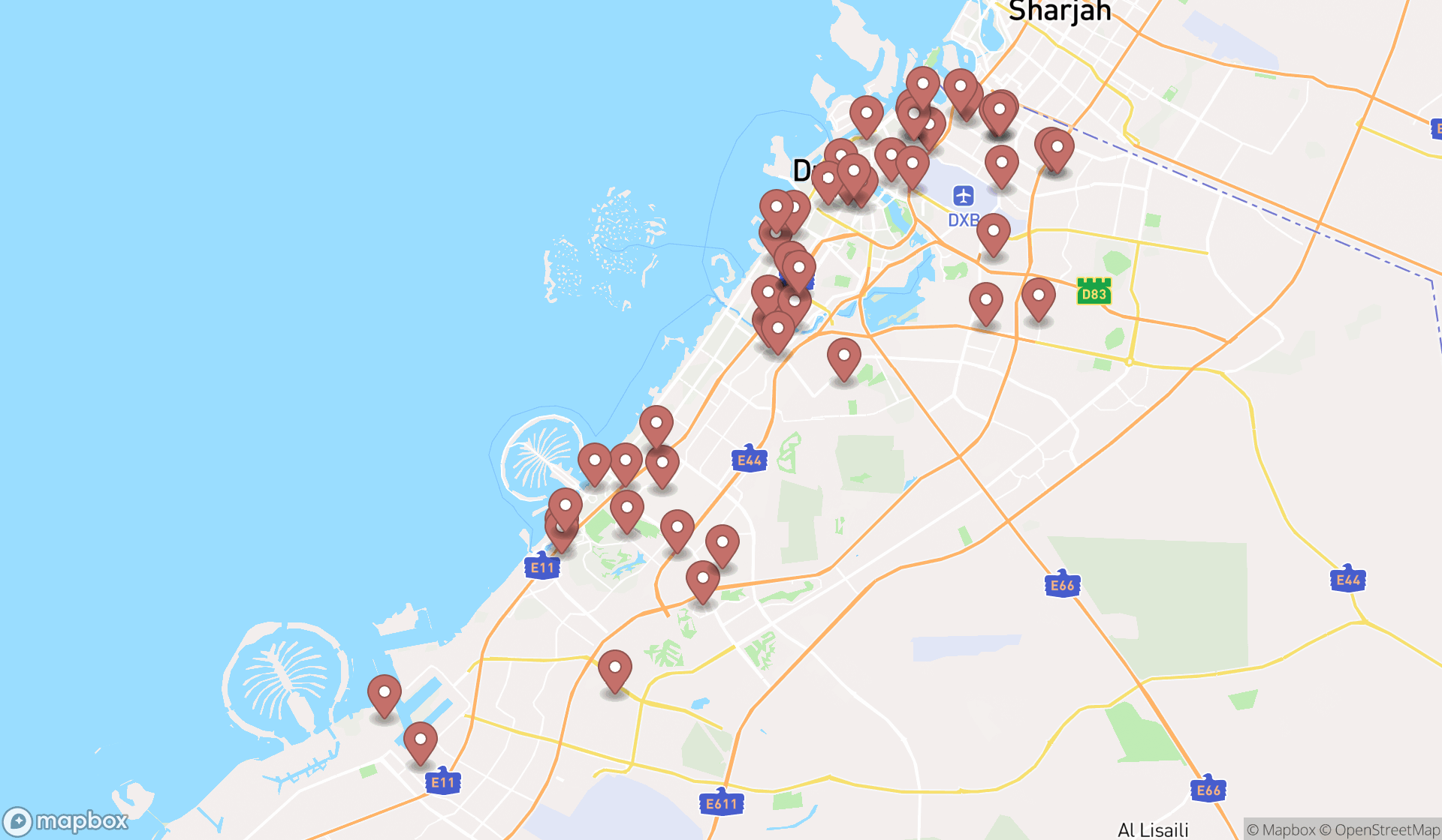 Map showing the search results in Dubai