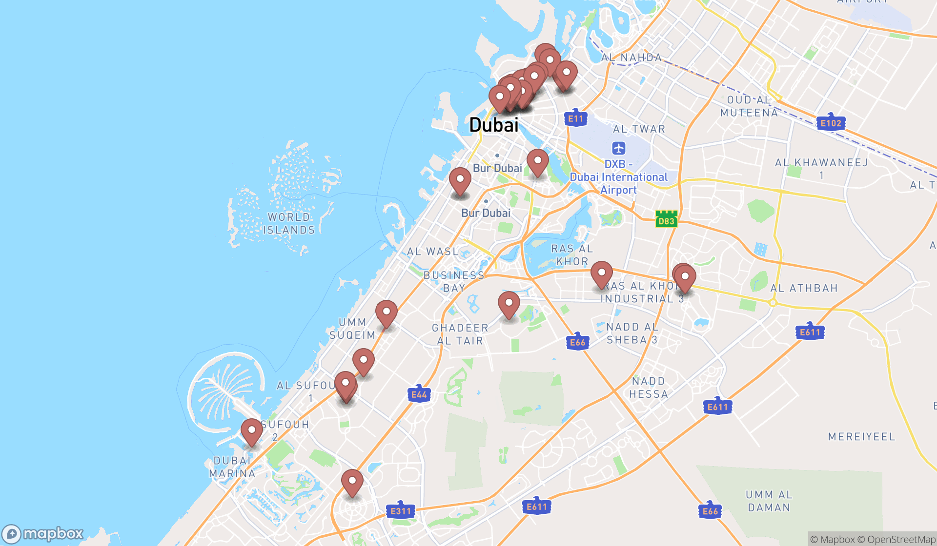 Map showing the search results in Dubai