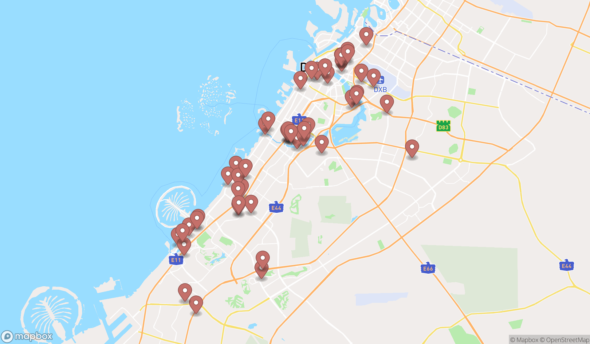 Map showing the search results in Dubai