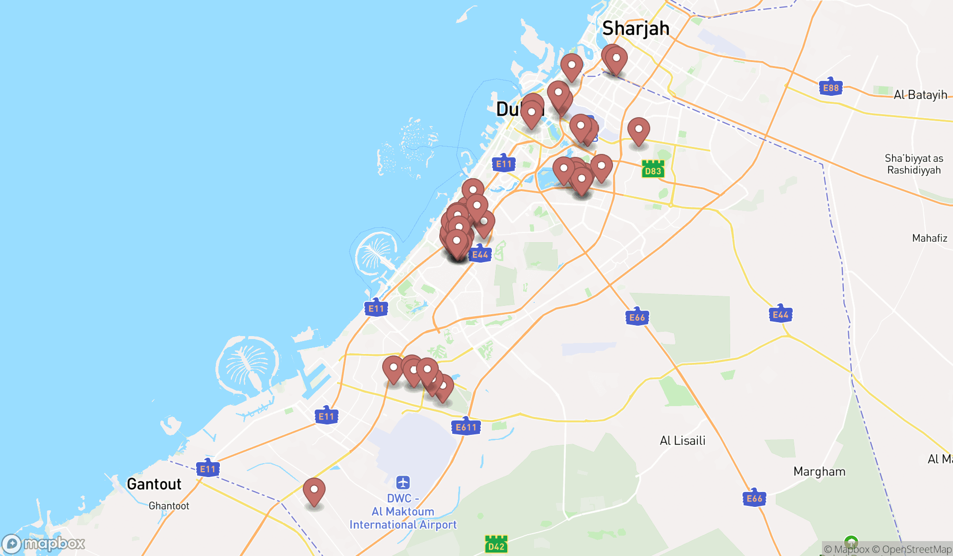 Map showing the search results in Dubai