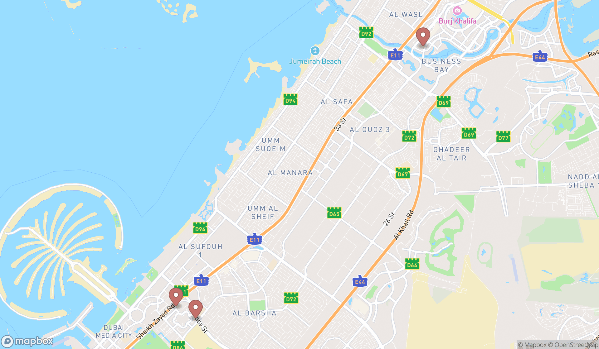 Map showing the search results in Dubai