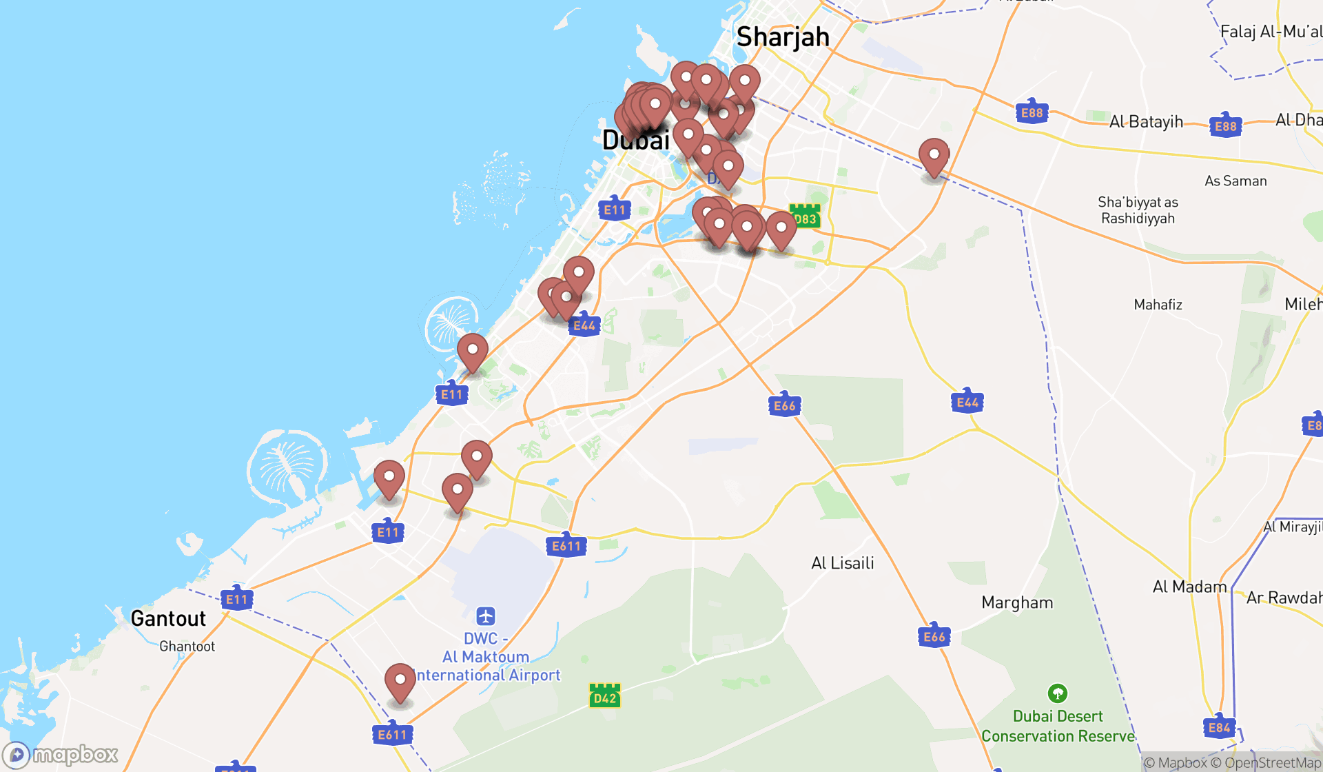 Map showing the search results in Dubai