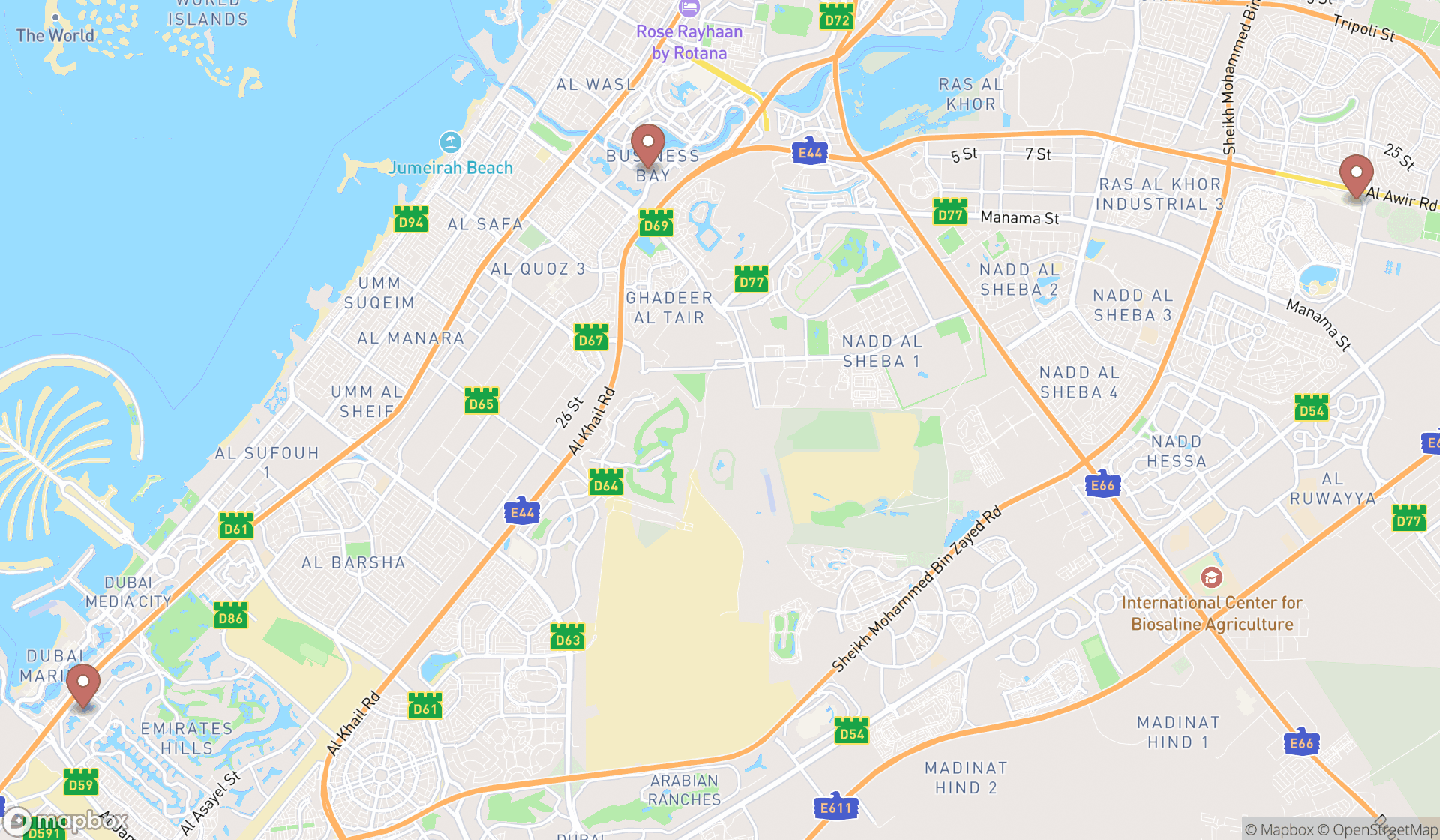 Map showing the search results in Dubai
