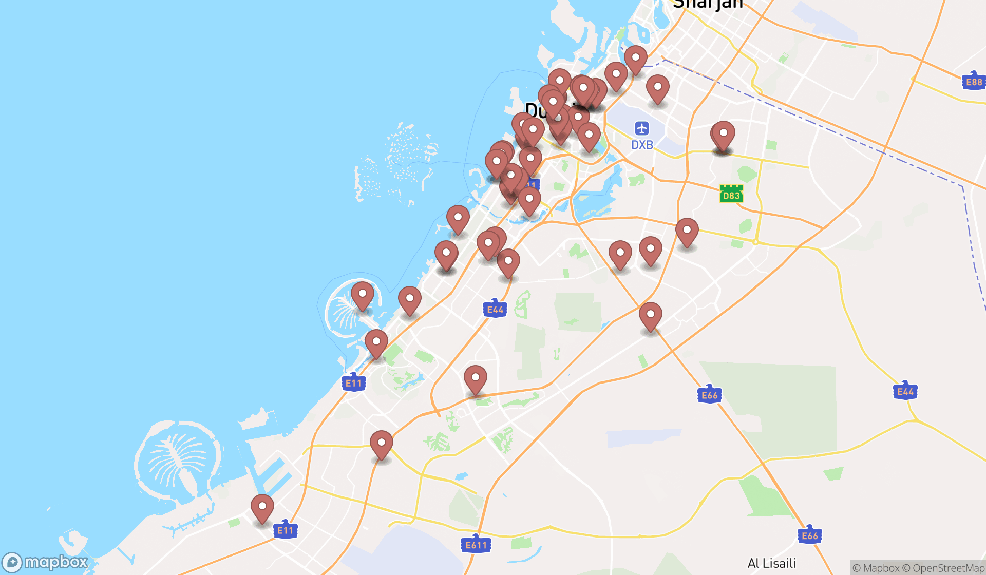 Map showing the search results in Dubai