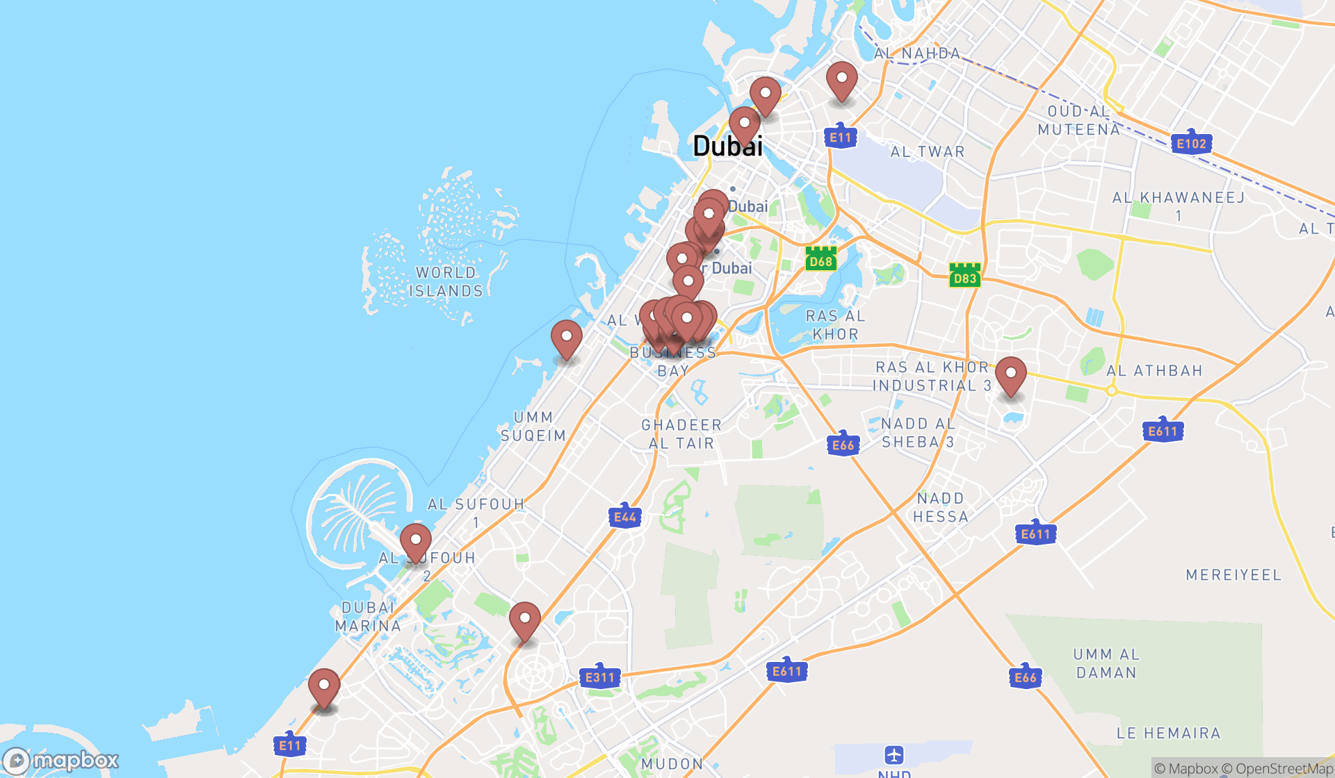 Map showing the search results in Dubai