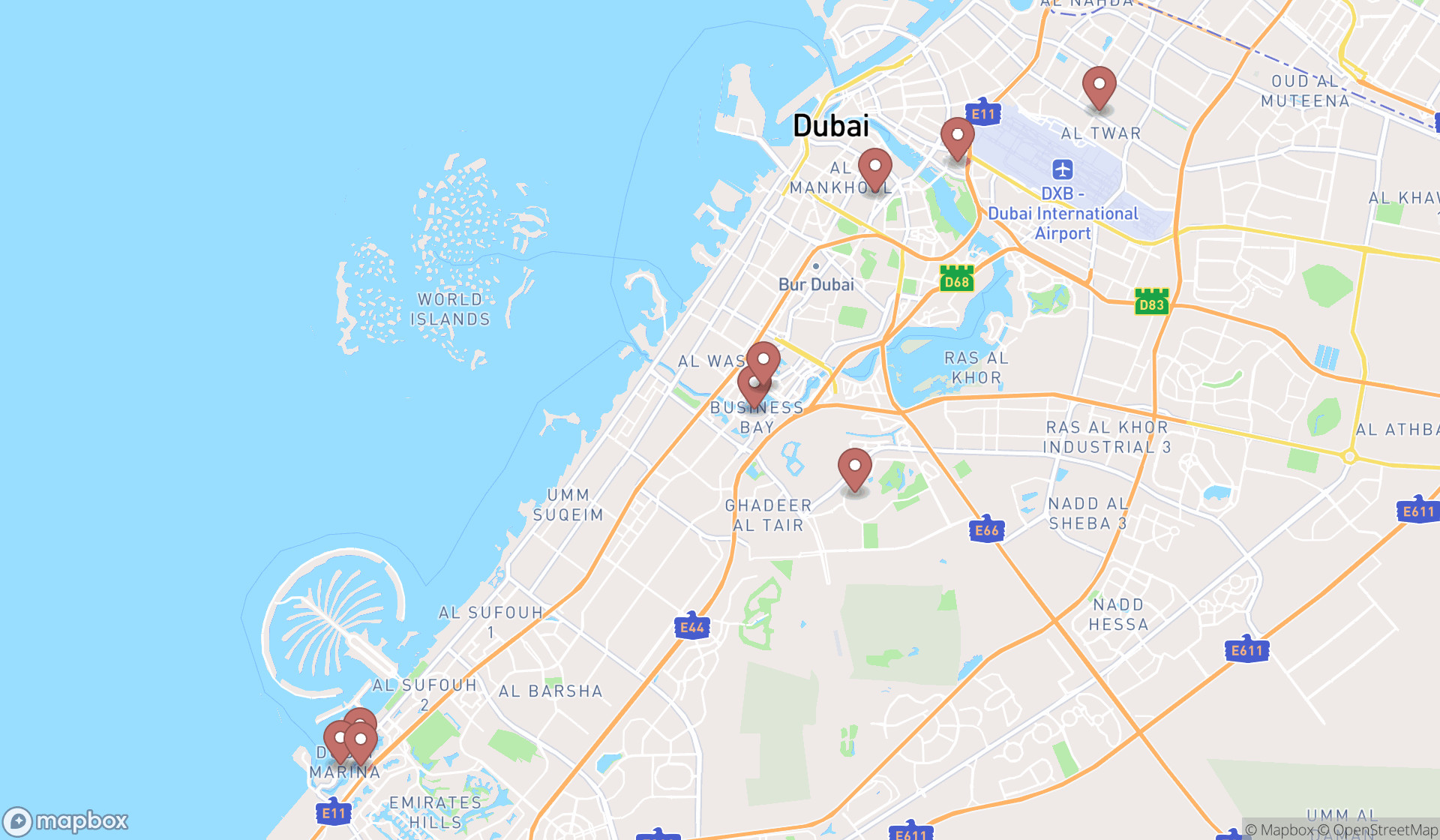 Map showing the search results in Dubai