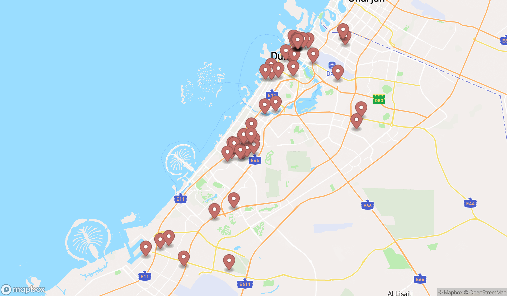 Map showing the search results in Dubai