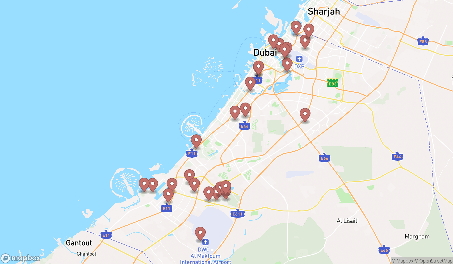 Map showing the search results in Dubai