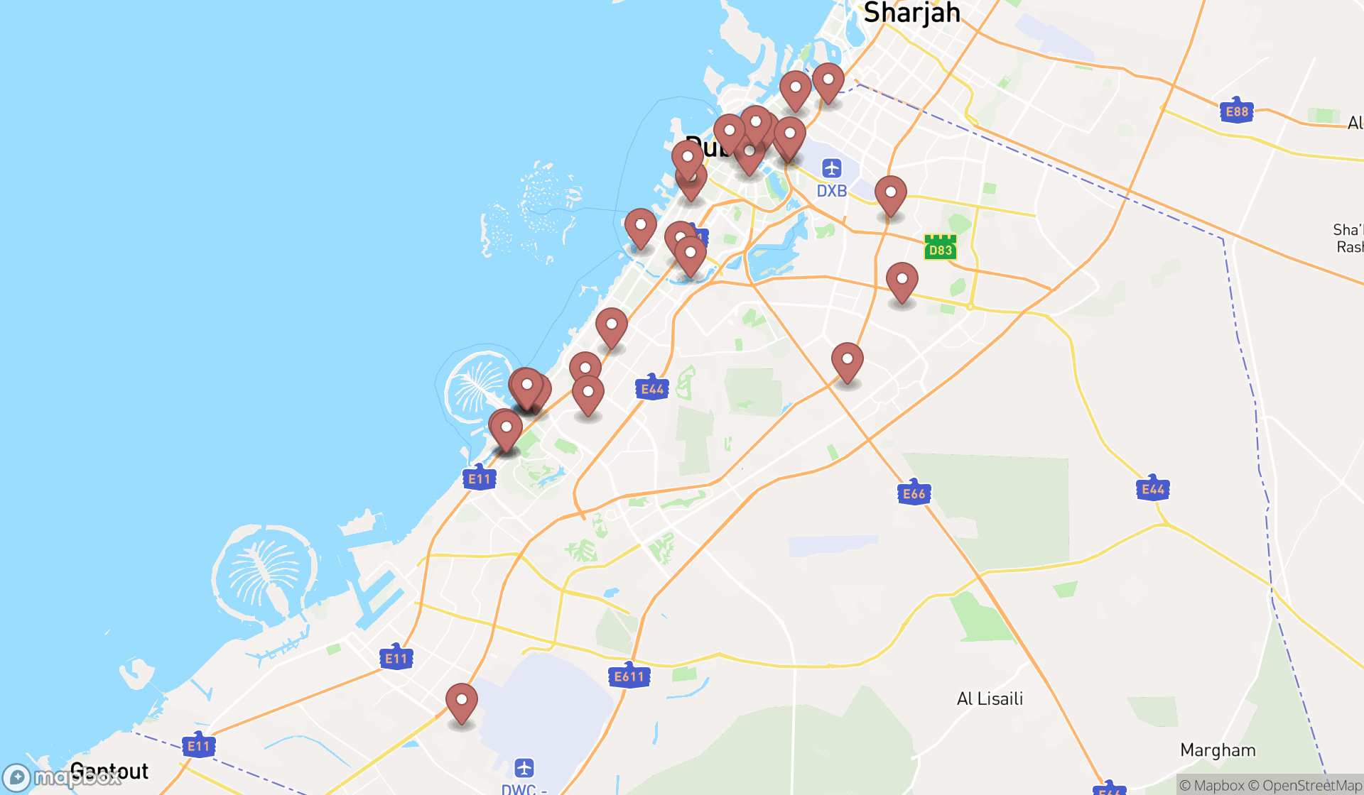 Map showing the search results in Dubai
