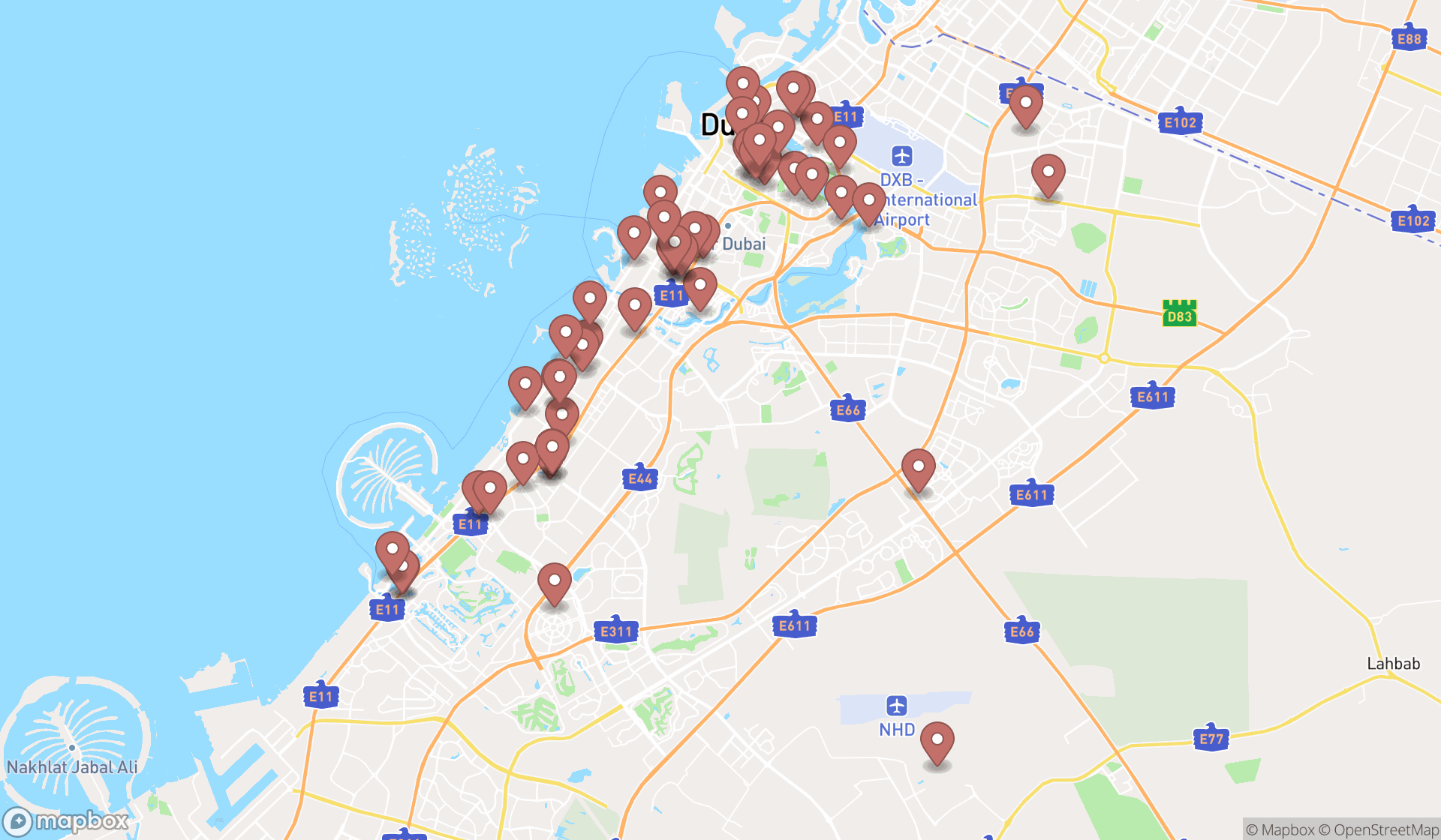 Map showing the search results in Dubai