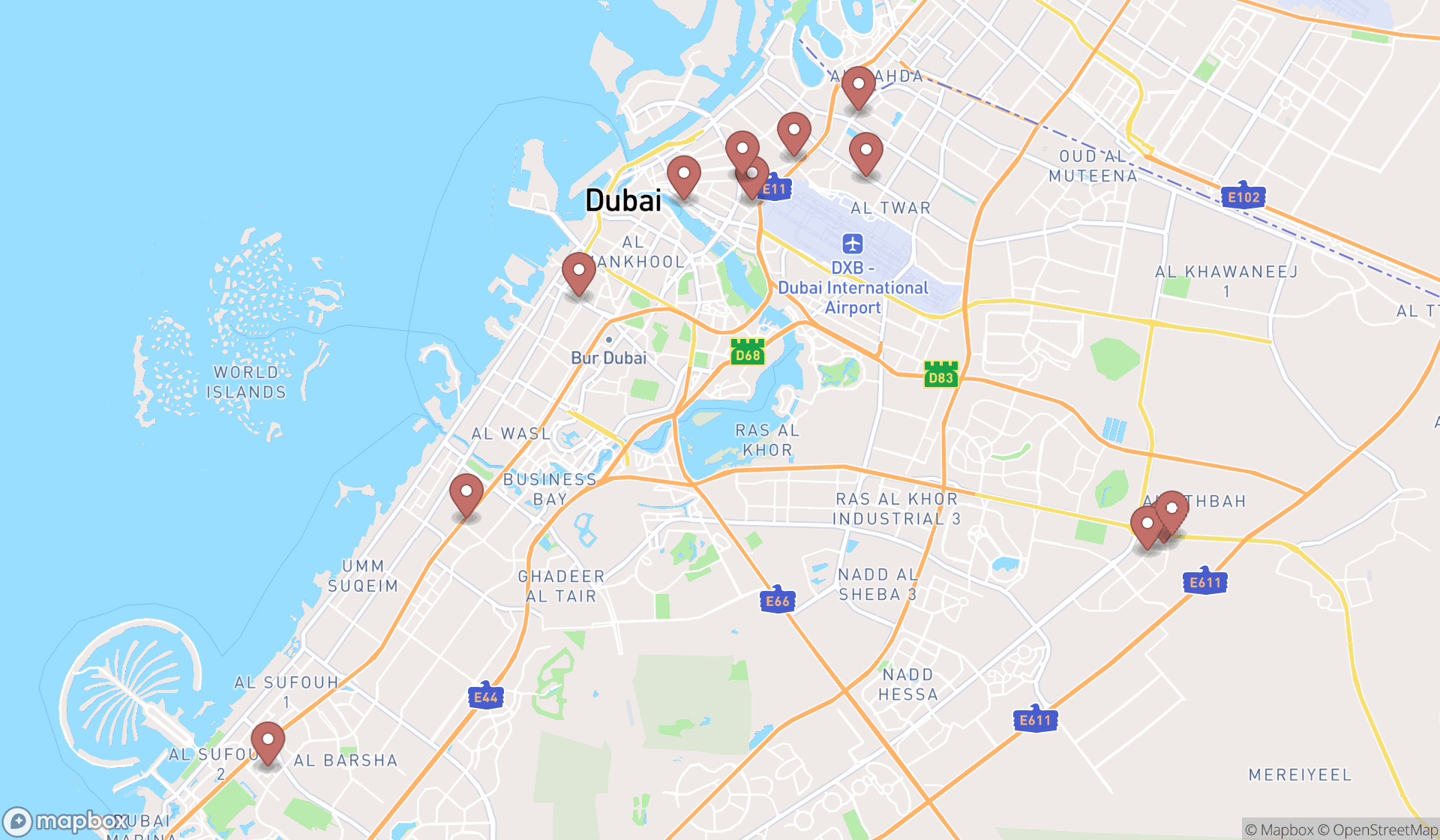 Map showing the search results in Dubai