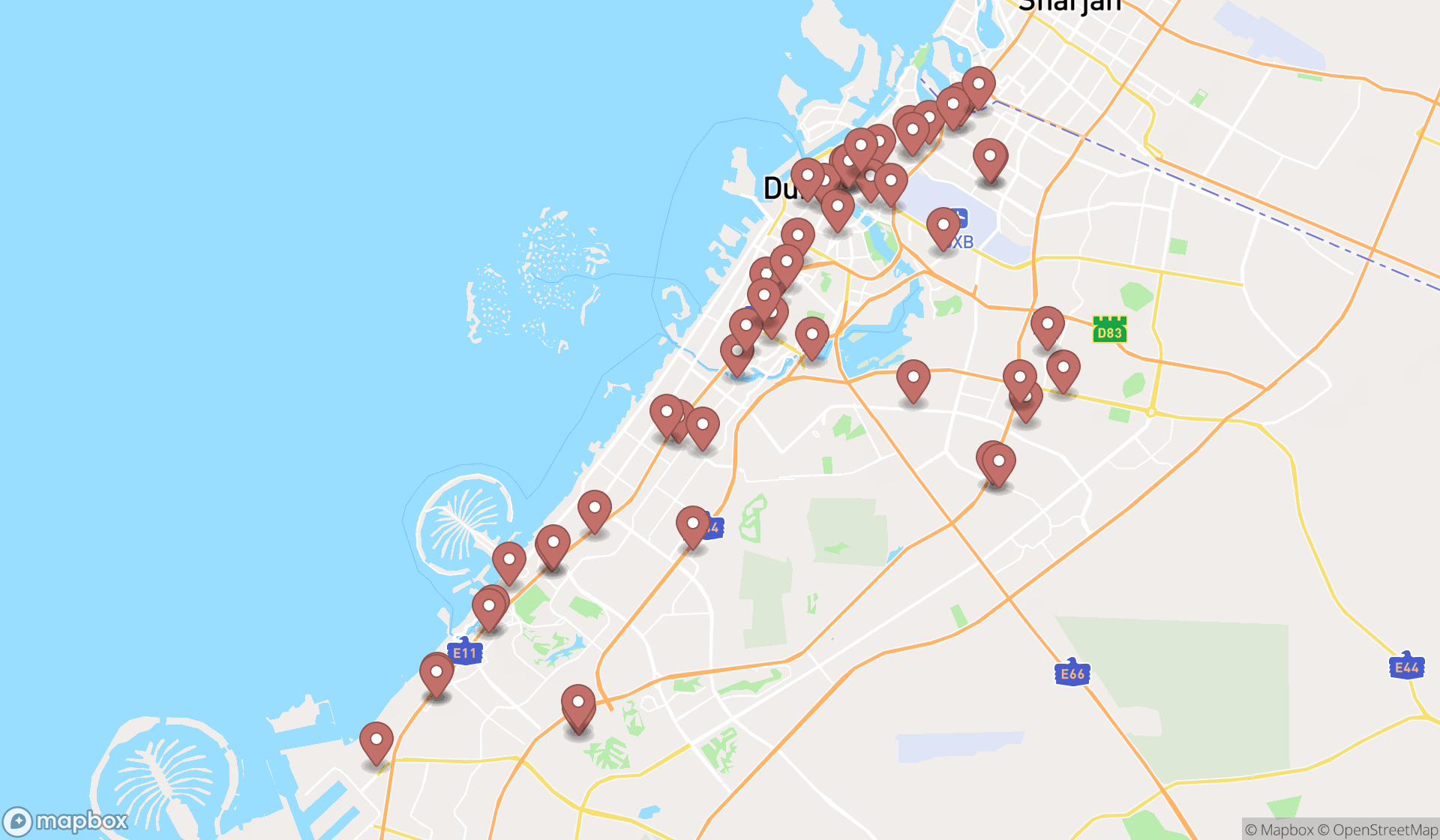 Map showing the search results in Dubai