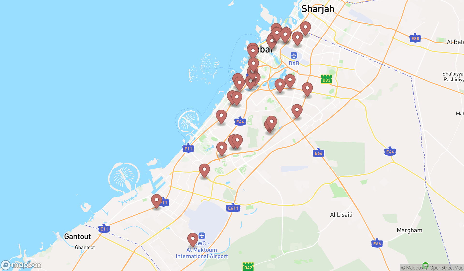 Map showing the search results in Dubai