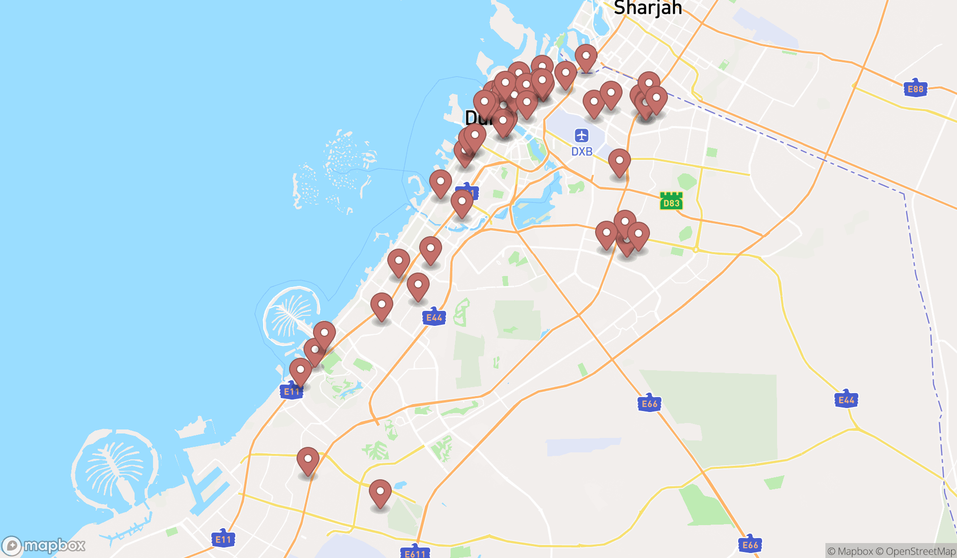 Map showing the search results in Dubai