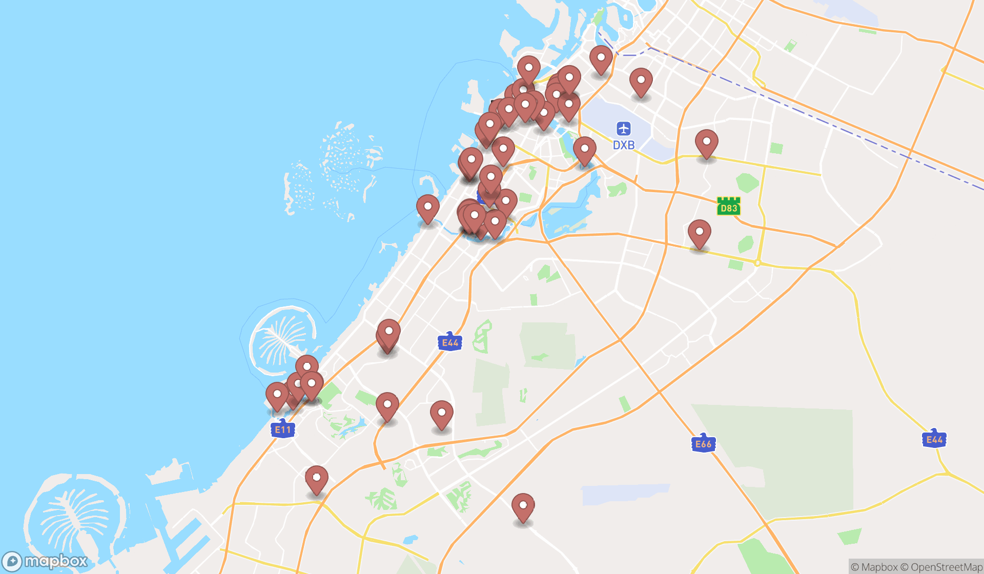 Map showing the search results in Dubai