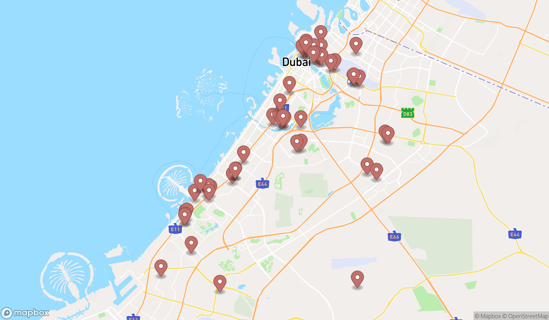 Map showing the search results in Dubai