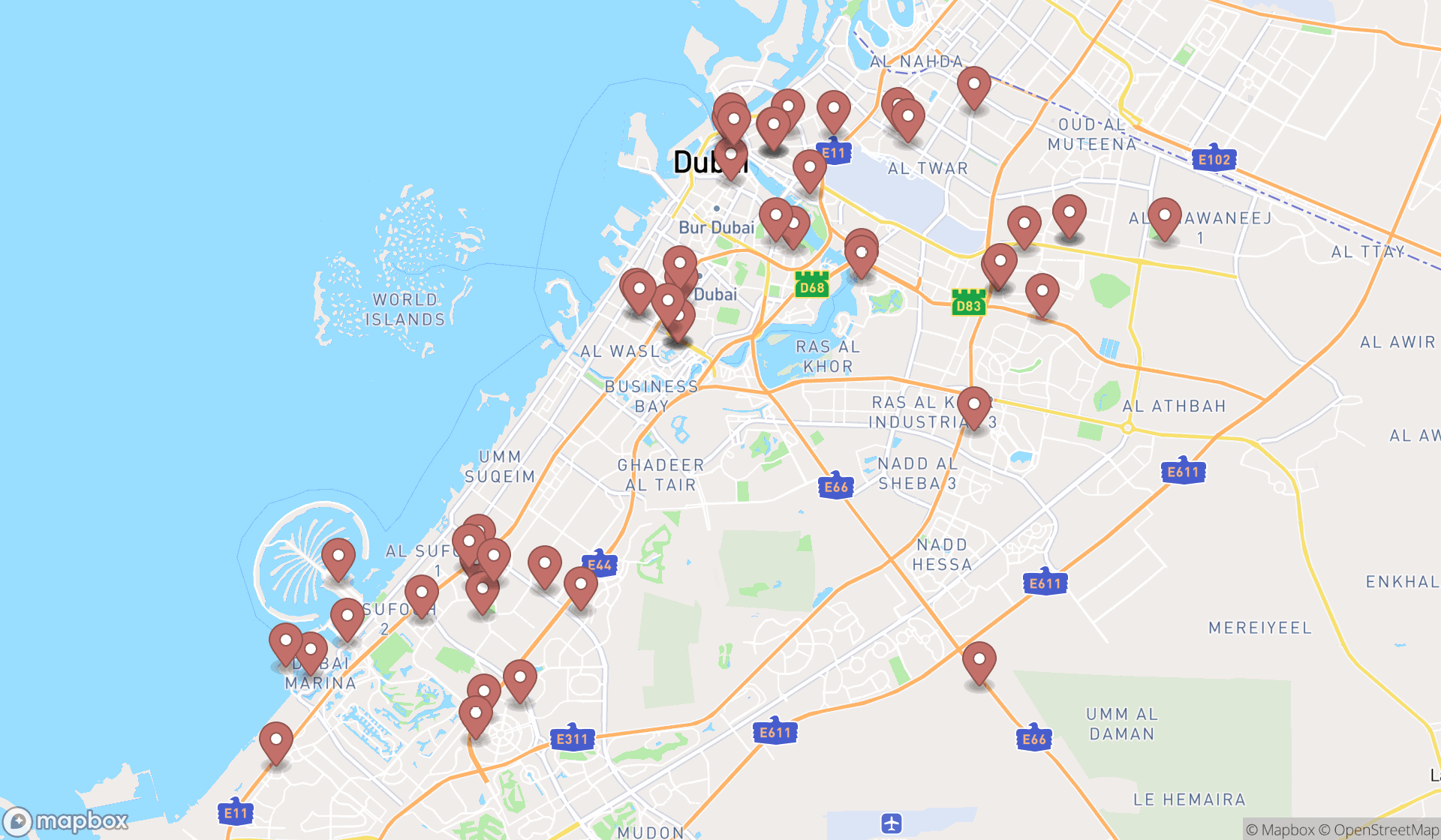 Map showing the search results in Dubai