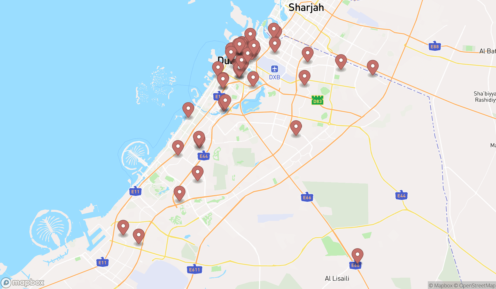 Map showing the search results in Dubai