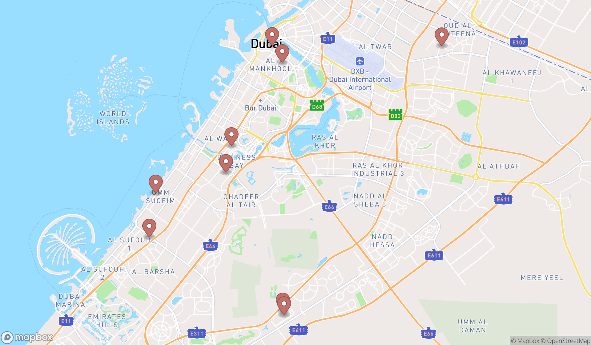 Map showing the search results in Dubai