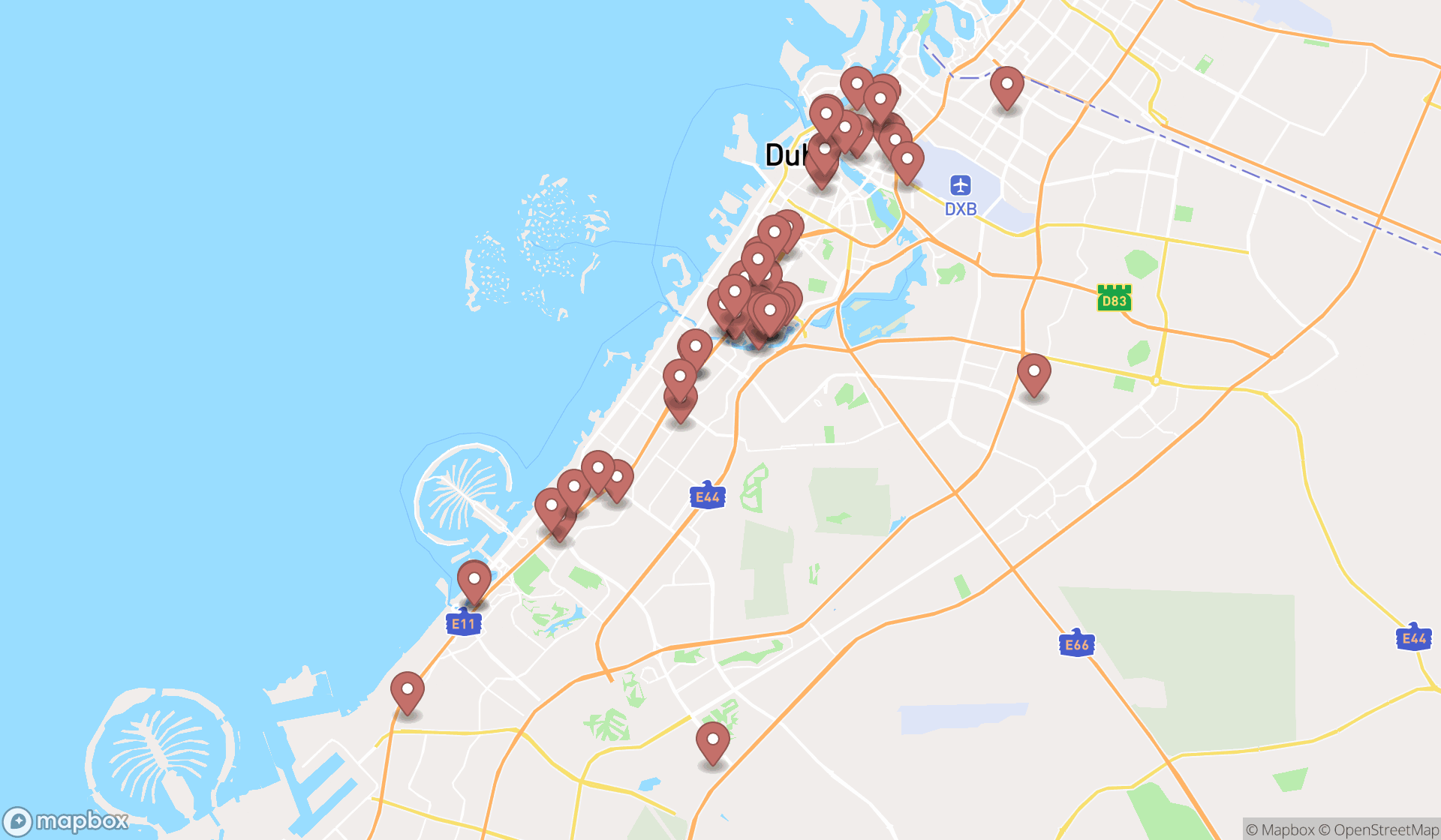 Map showing the search results in Dubai