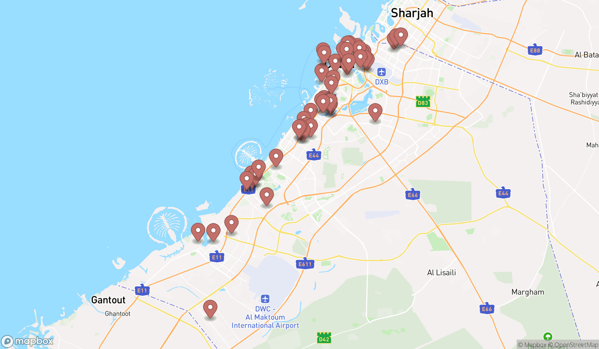 Map showing the search results in Dubai