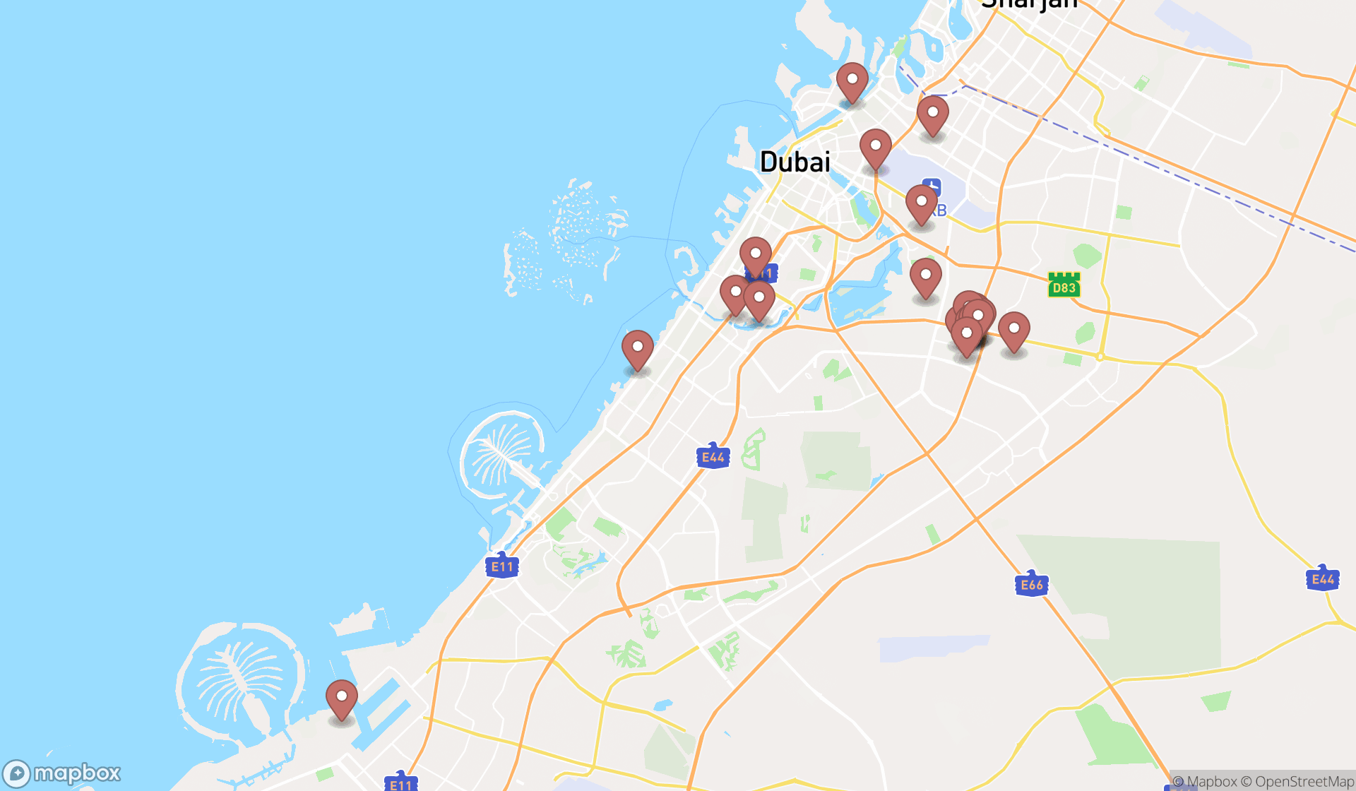 Map showing the search results in Dubai
