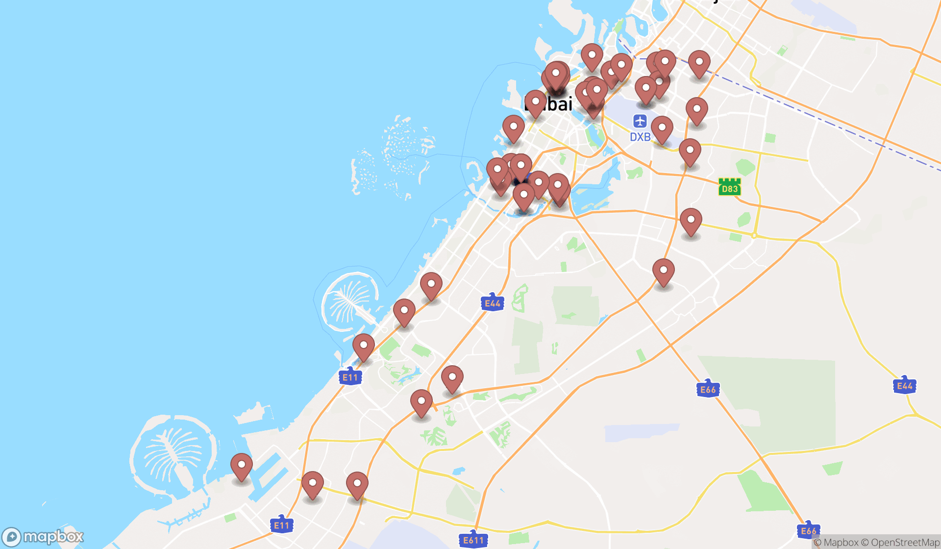 Map showing the search results in Dubai